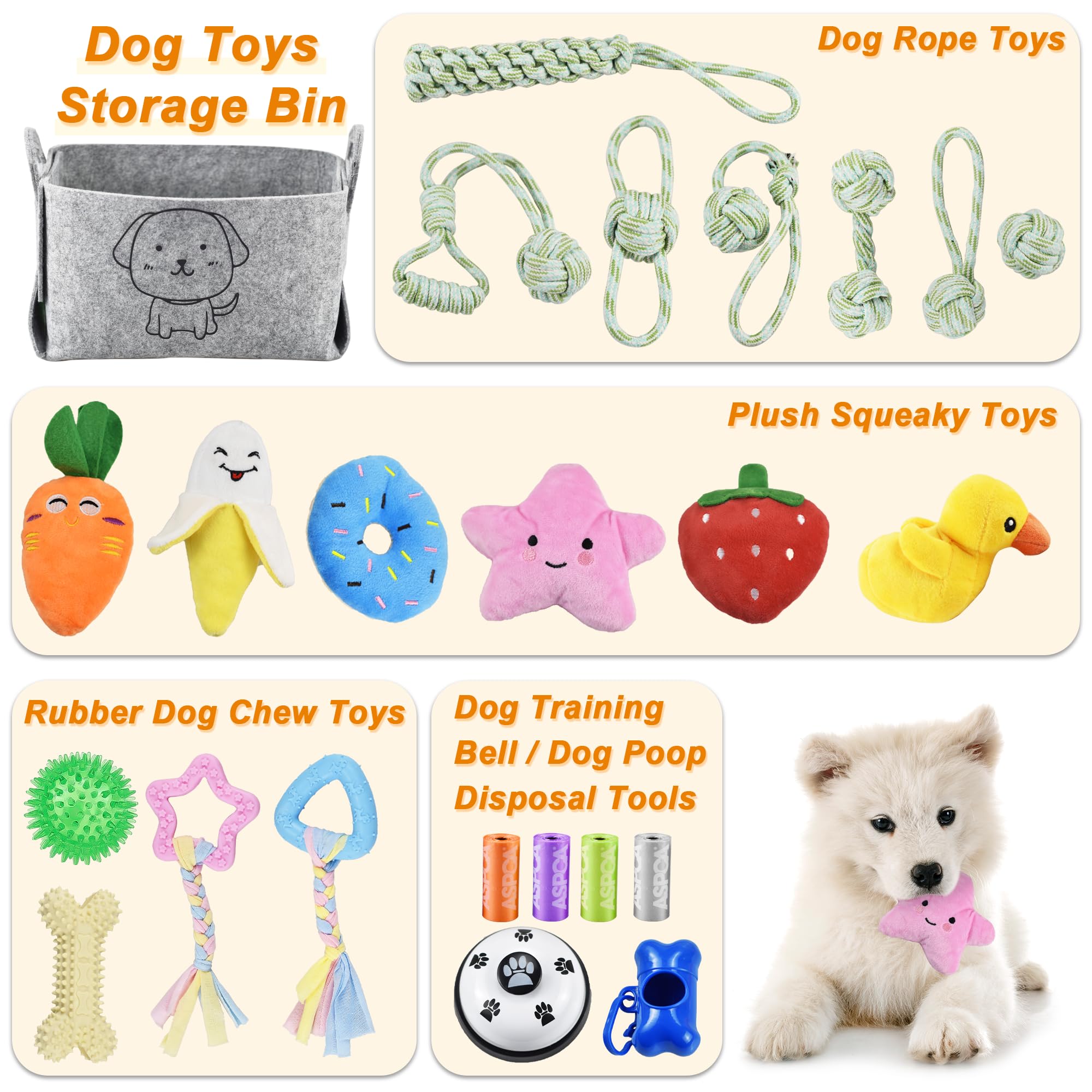24 Pack Puppy Chew Toys for Teething - Durable Dog Rope & Squeaky Toys with Storage Bin - Interactive Chew Toys for Small & Medium Dogs - Perfect for Boredom Relief & Training