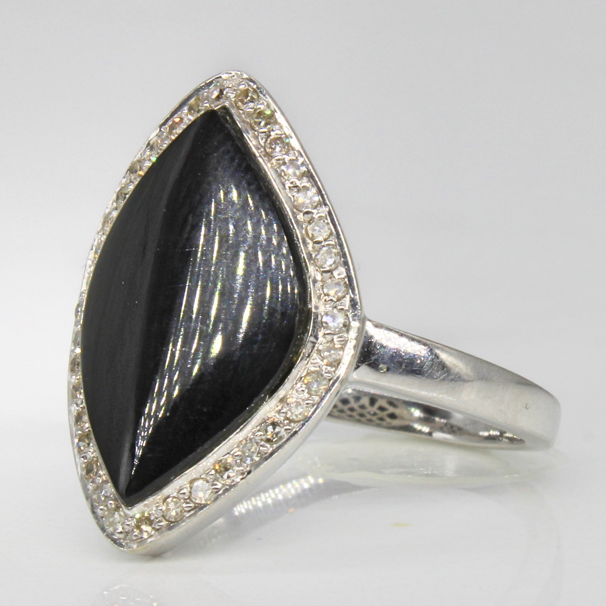 0.11ctw Diamond & Onyx Cocktail Ring - Size 7.75 | Elegant Statement Jewelry for Evening Parties, Weddings & Special Occasions