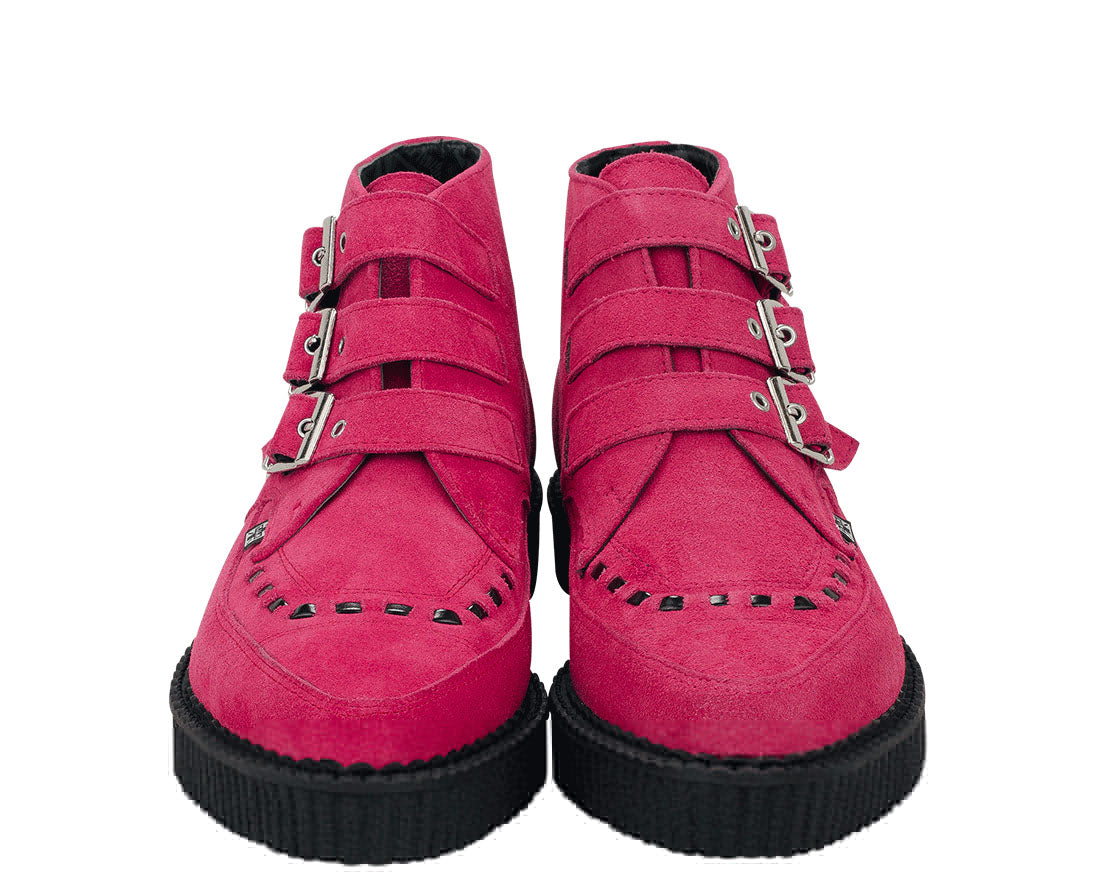 T.U.K Pink Suede Buckle Pointed Creeper Boots - Women's Vintage Punk Rock Ankle Booties for Concerts, Parties & Gothic Fashion