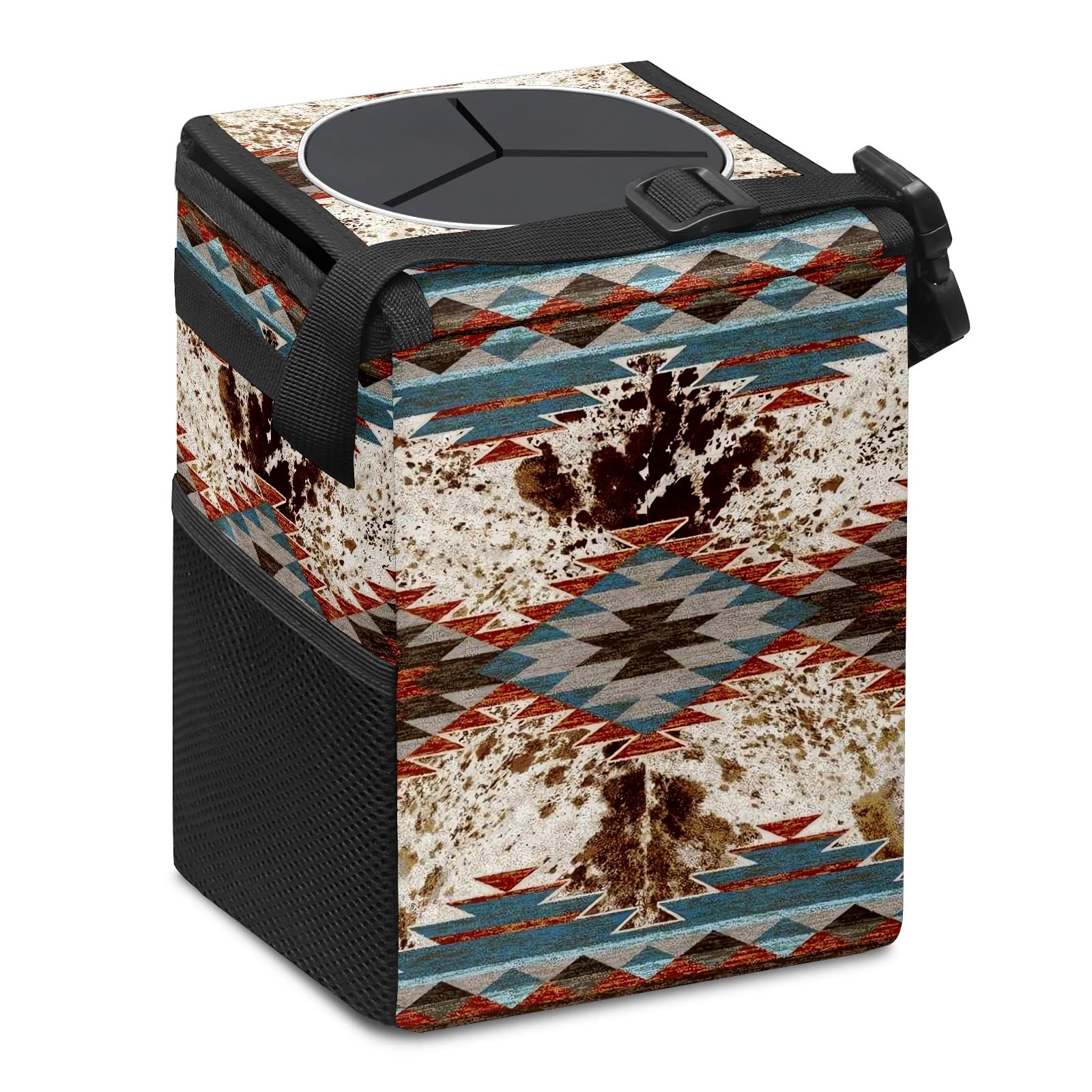 Western Aztec Cow Print Collapsible Car Trash Can with Lid - Reusable Waterproof Auto Garbage Bag for Car, Truck & SUV - Perfect for Road Trips, Commuting & Travel Accessories