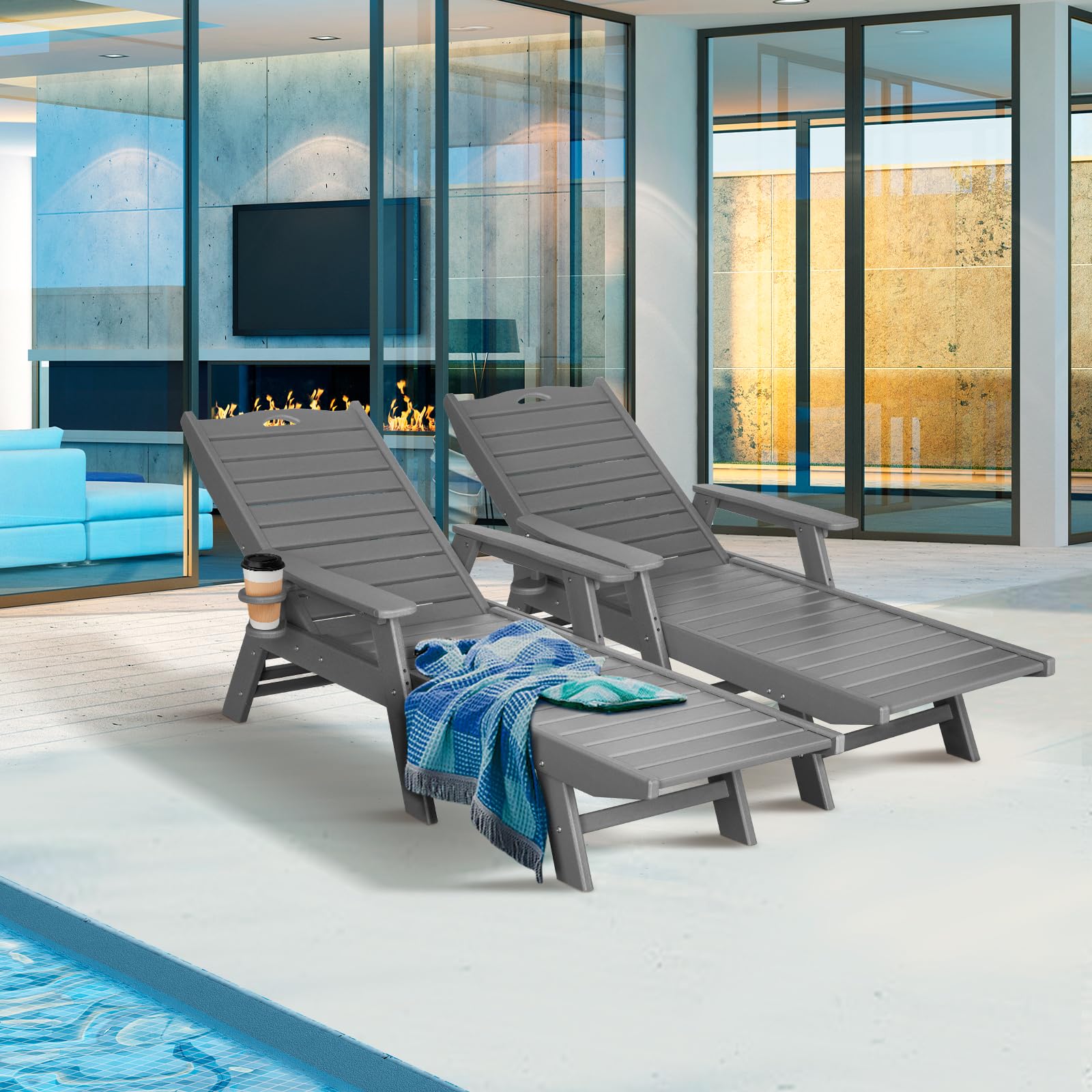 2-Pack Nalone HDPE Outdoor Chaise Lounge Chairs with 5-Position Adjustable Backrest - 400lb Weight Capacity - Grey Patio Poolside Deck Beach Lounge Chairs for Backyard, Resort & Vacation Homes