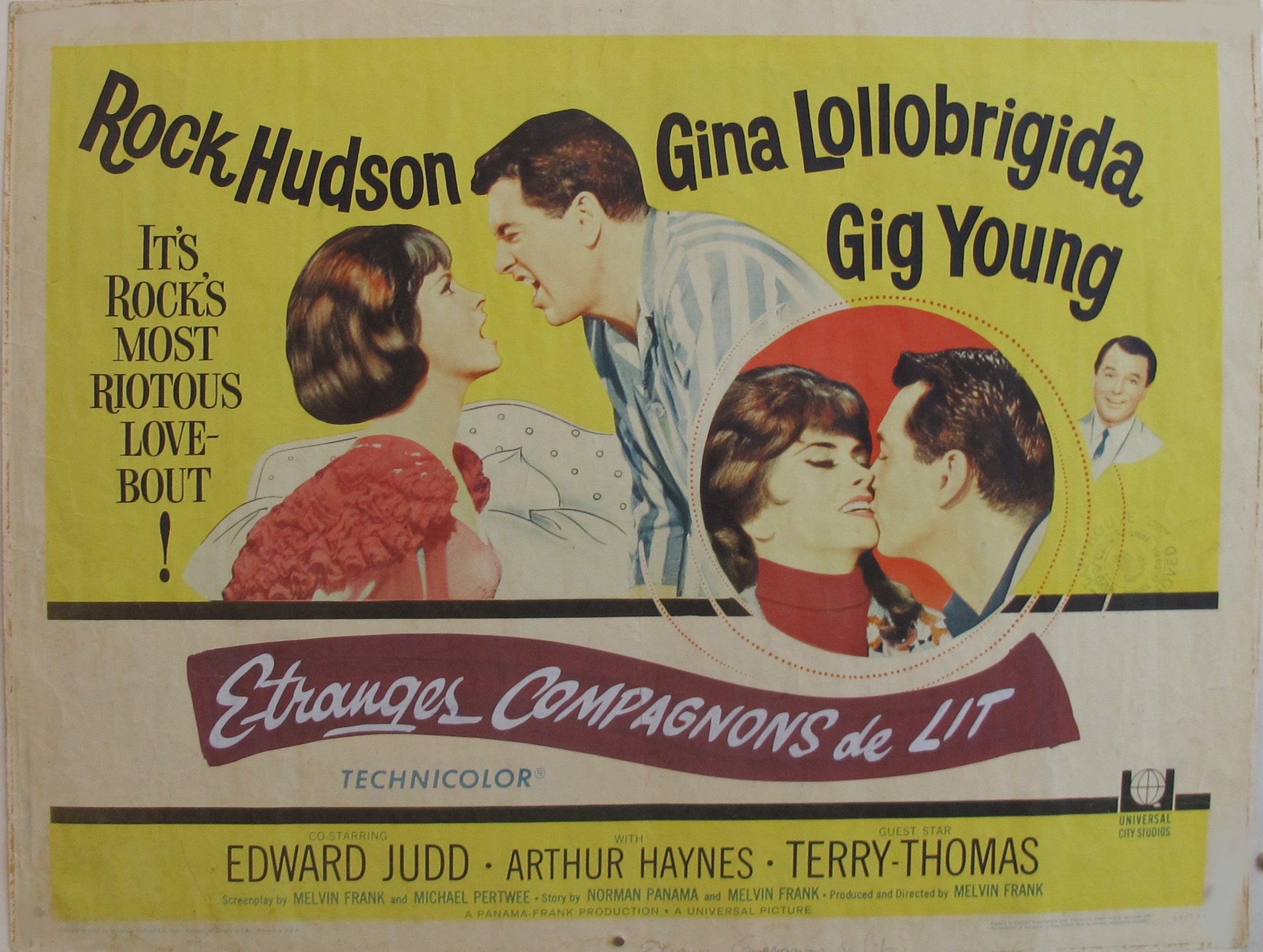 Vintage 1965 Original American Movie Poster - Strange Bedfellows (Etranges Compagnons de Lit) with Rock Hudson & Gina Lollobrigida - Classic Hollywood Collectible for Film Memorabilia & Home Theater Decor