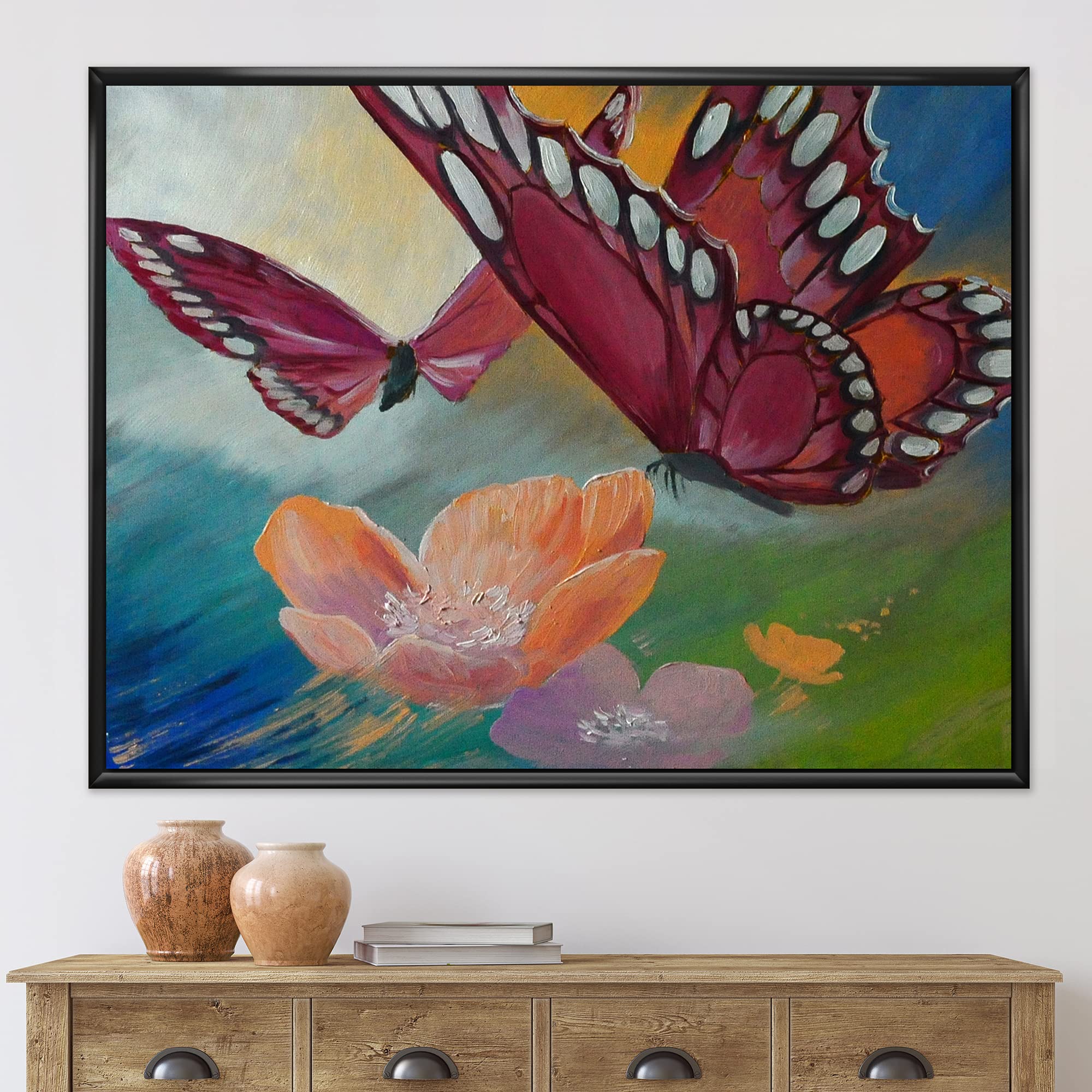Butterfly on Pink Flowers Framed Canvas Wall Art - Traditional Home Decor for Living Room, Bedroom & Office