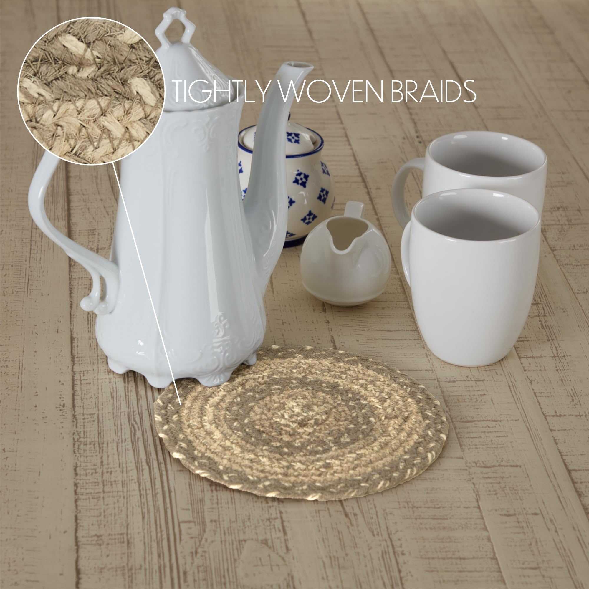VHC Brands Cobblestone Trivet Hot Pad - 8 Inch Round Heat Resistant Pot Pan Holder in Tan, Grey & White Jute Blend - Perfect for Kitchen Countertops, Dining Tables & Outdoor BBQ Use