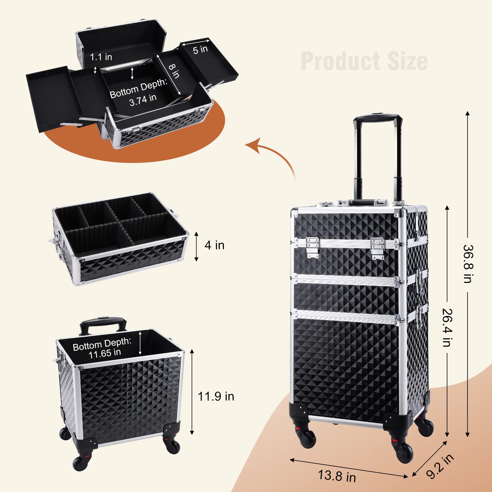3-in-1 Rolling Makeup Train Case - Professional Cosmetic Organizer with Wheels for Salon, Barber & Travel | Black | Perfect for Aestheticians, Hairstylists & Nail Technicians | Ideal for Salon Organization, Mobile Services & Traveling Professionals