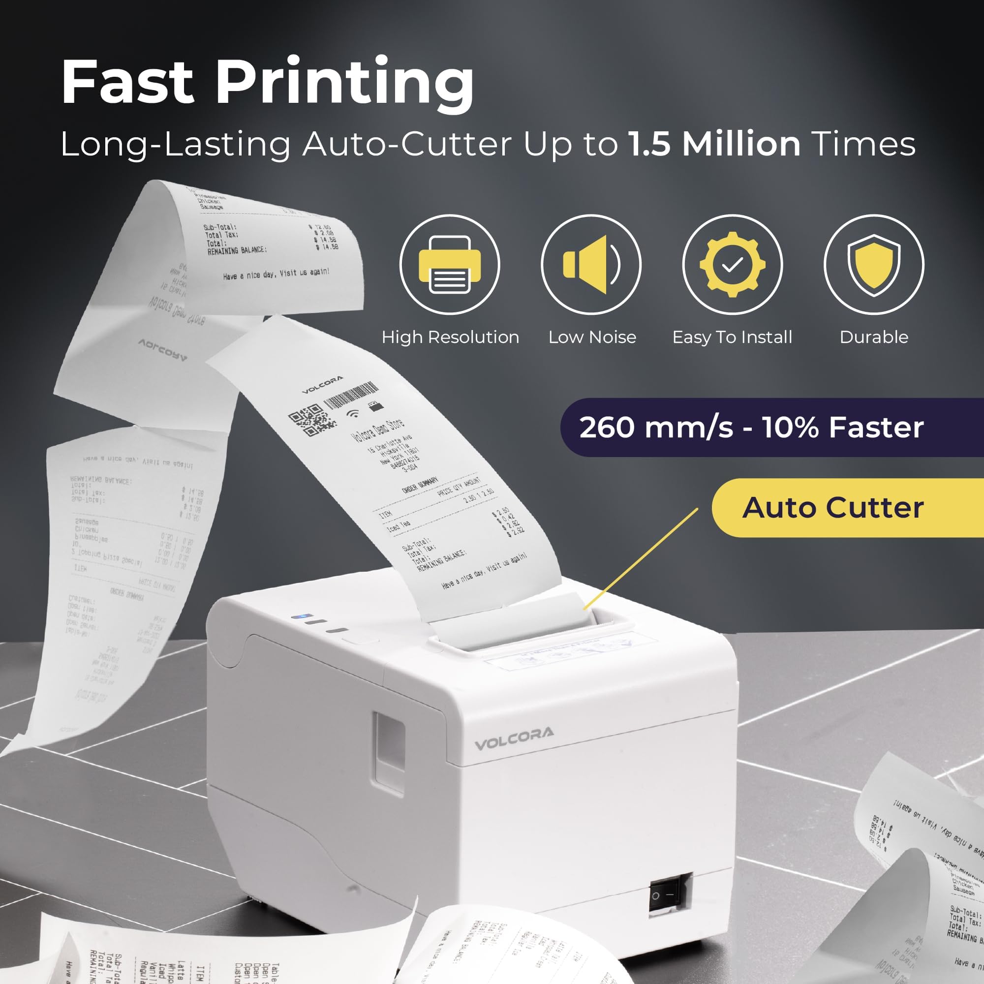 Volcora 80mm Thermal Receipt Printer with Auto Cutter - USB/WiFi POS Printer for Windows/MAC/Linux, ESC/POS Command Support, Cash Drawer Compatible - High Speed Kitchen & Retail Printer (White) - Perfect for Restaurants, Retail Stores, and Small Business POS Systems