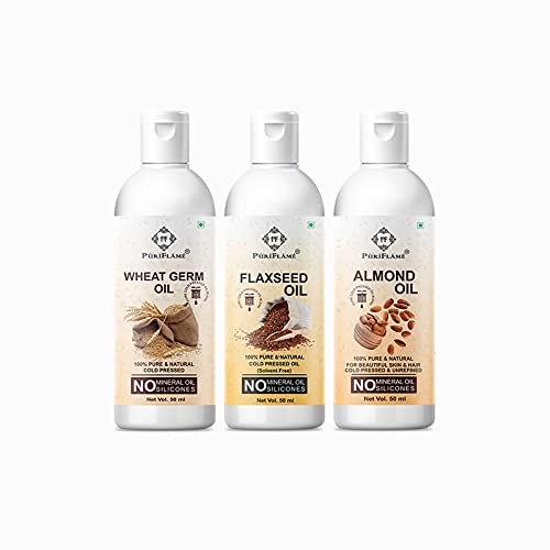 PuriFlame 100% Pure Wheat Germ Oil, Flaxseed Oil & Almond Oil Combo Set (50ML Each) - Natural Hair Growth Treatment for Stronger, Shinier Hair | Reduces Hair Fall & Split Ends | Perfect for Daily Scalp Massage & Deep Conditioning