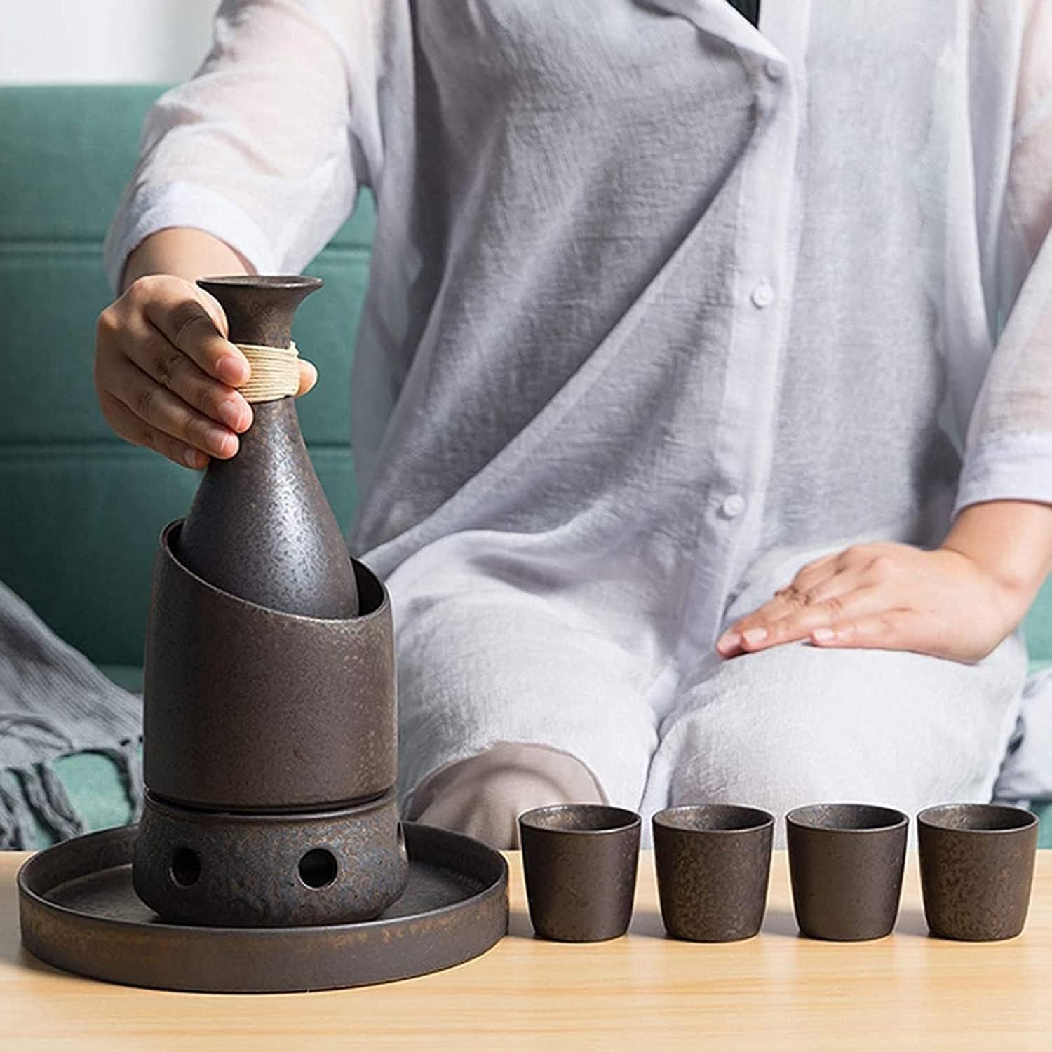 Premium 10-Piece Japanese Sake Set - Traditional Ceramic Porcelain Sake Cups with Warmer, Includes 1 Sake Pot, 6 Cups, Thermal Pot, Heating Stove & Tray - Perfect for Japanese Restaurants, Home Entertaining & Gift Giving