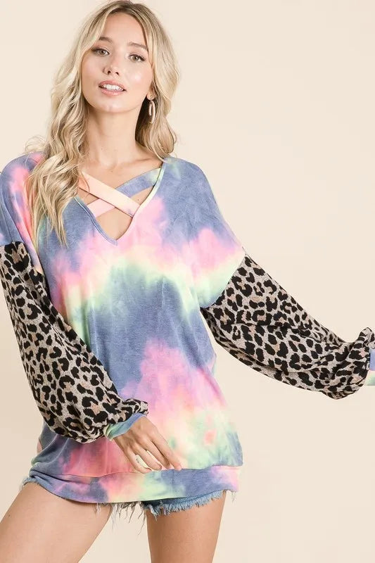 BiBi Tie Dye Terry Crop Top with Leopard Print Puff Sleeves | Trendy Women's Fashion for Summer Outfits, Music Festivals & Beach Vacations