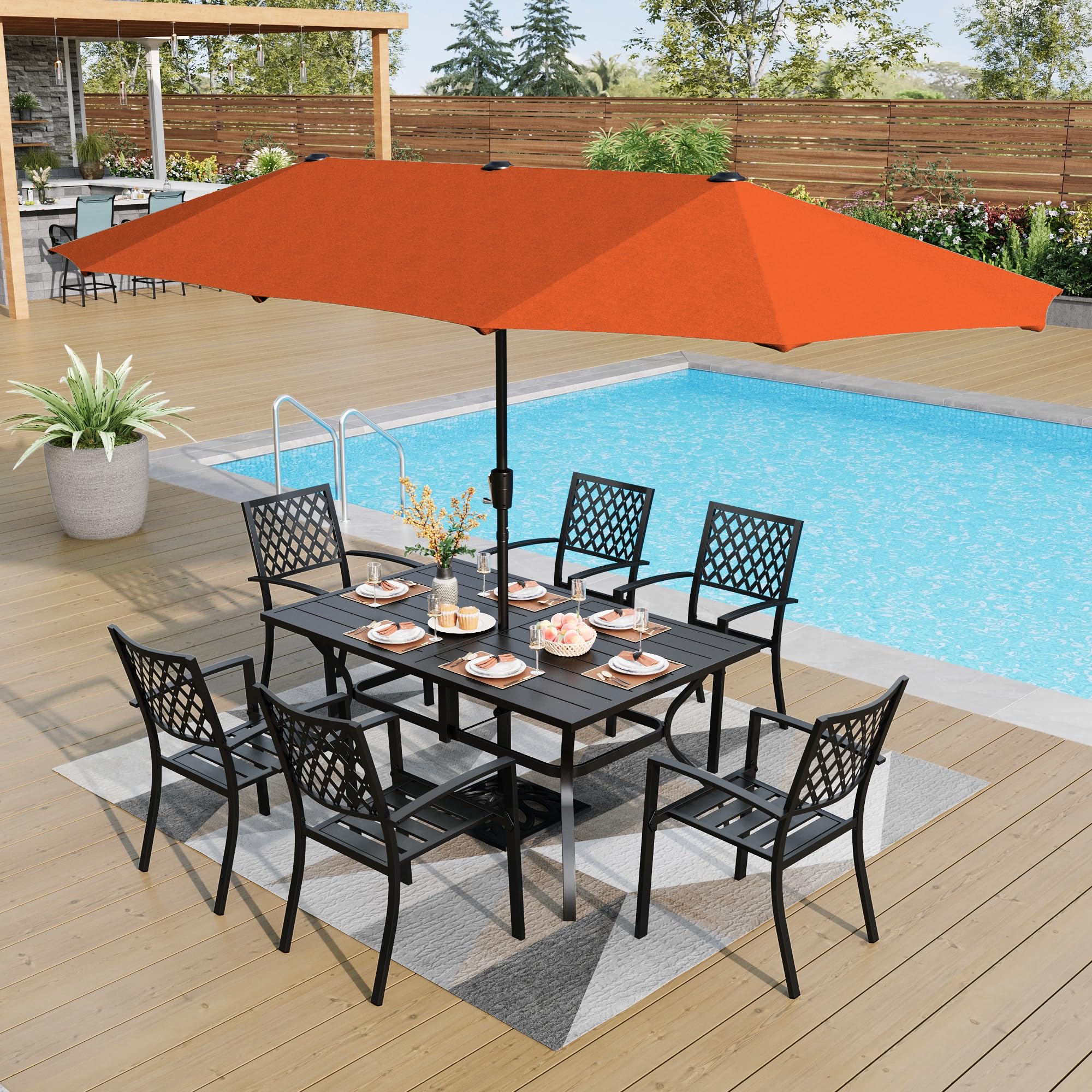 PHI VILLA 8-Piece Outdoor Dining Set with 13ft Double-Sided Patio Umbrella - Metal Patio Furniture Set Includes 6 Stackable Chairs & Rectangle Table - Perfect for Backyard, Garden, Poolside and Outdoor Entertaining