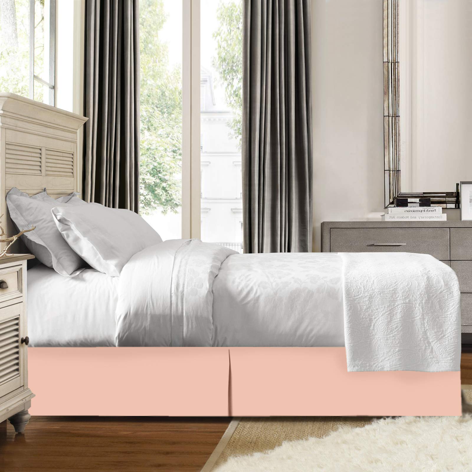 Queen Size Box Pleated Bed Skirt - 60x80 Inches, 19 Inch Drop, Easy Fit Tailored Design, 1000 Series Cotton Ruffle - Perfect for Peach-Themed Bedrooms, Guest Rooms & Luxury Hotel Beds