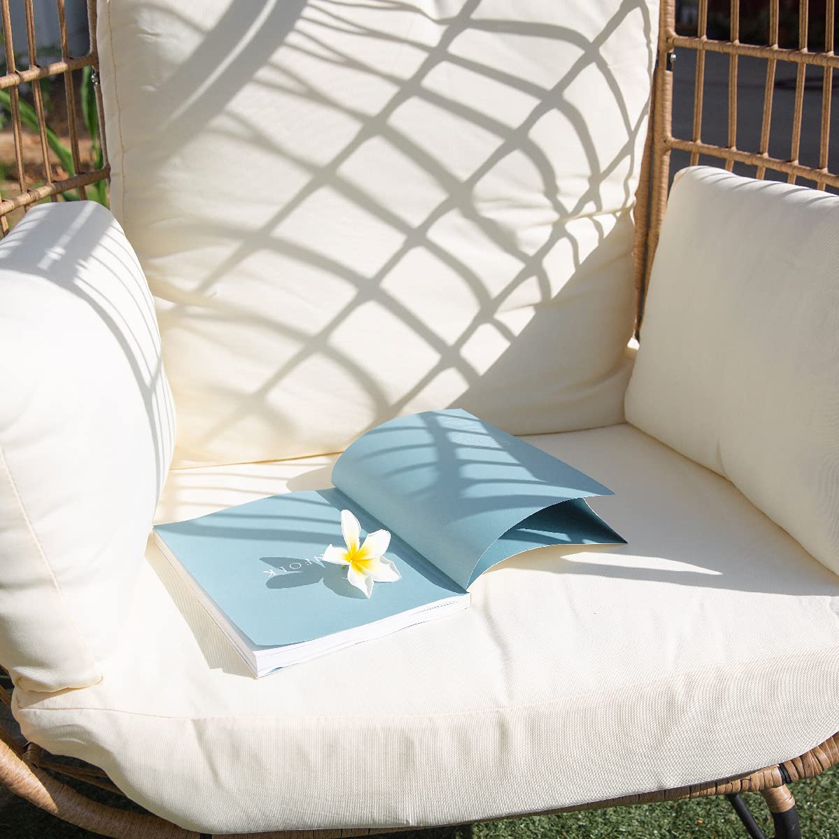 **Barton Oversized Egg Chair Cushion - Wicker Basket Chair with Canopy, Stationary Egg Seat for Patio, Outdoor Lounge, Garden, or Balcony - Beige**