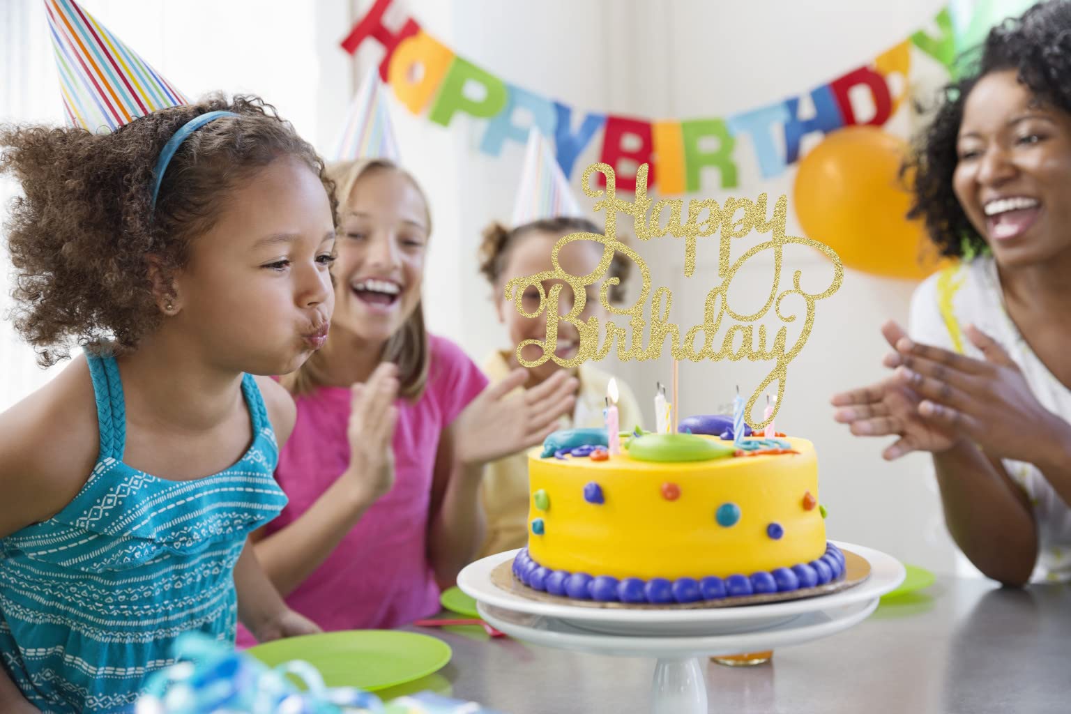 Gold Glitter Happy Birthday Cake Topper & Bunting Decor - Premium Birthday Party Cake Decoration Supplies for Photo Booth Props - Perfect for Birthday Cakes, Cupcakes, and Party Desserts