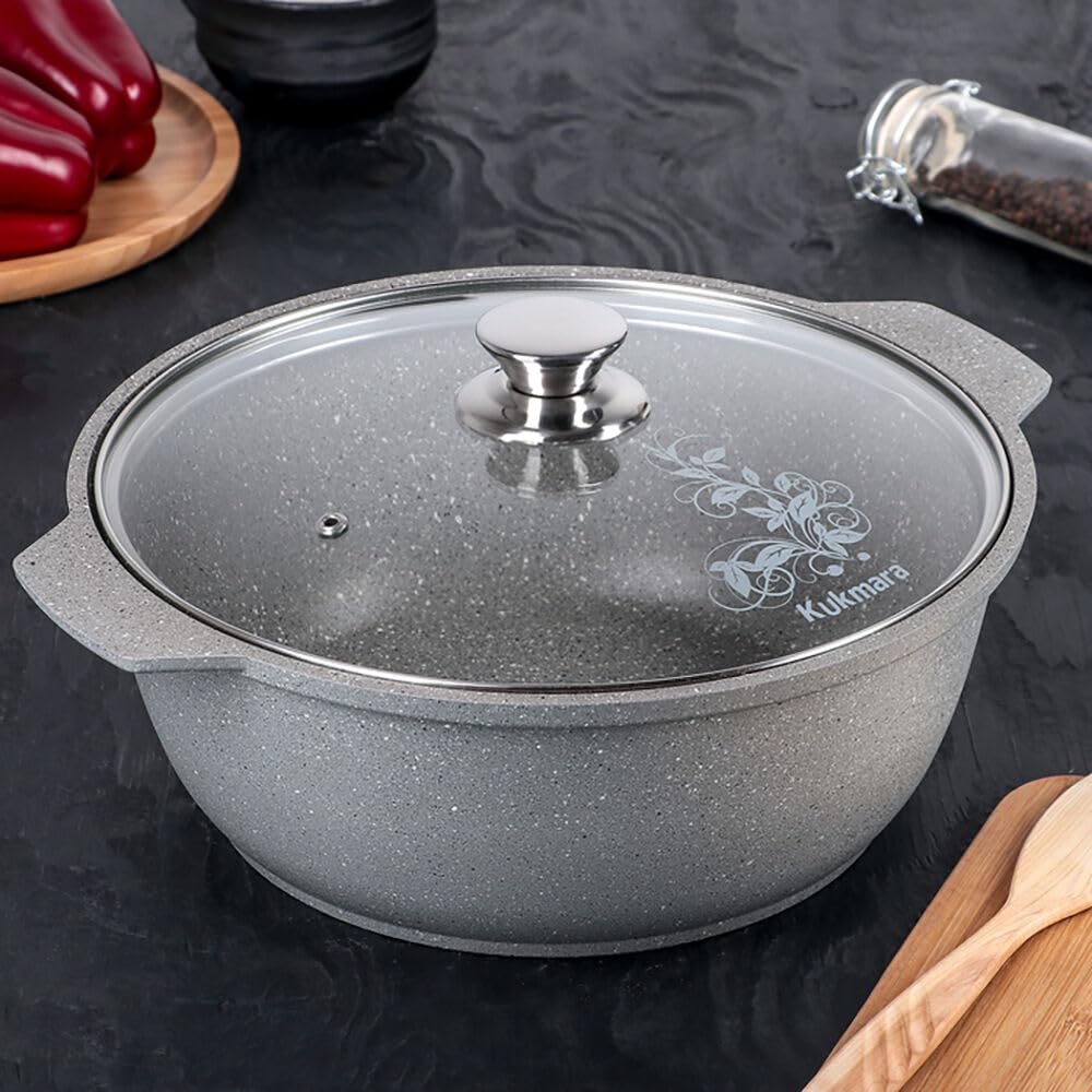 Non-Stick Aluminum Wok Kazan Dutch Oven Pot with Glass Lid - 3.2 Quart (3L) Light Marble Camping Cookware for Outdoor Cooking & Home Kitchen Use - Perfect for Stir-Frying, Stewing, and Campfire Meals