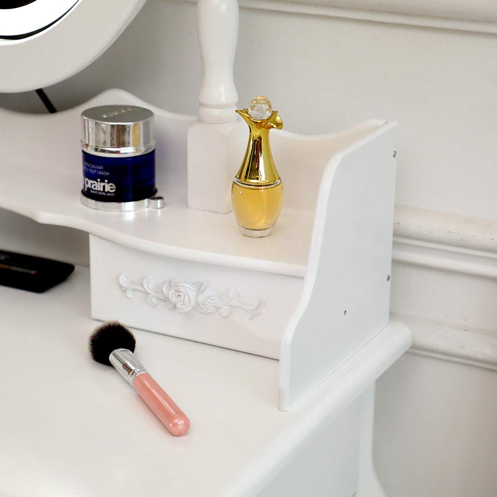 White LED Single Mirror 4-Drawer Dresser for Bedroom - Modern Bedroom Furniture with Lights for Makeup & Storage (Perfect for Small Spaces, Dorm Rooms & Apartments)