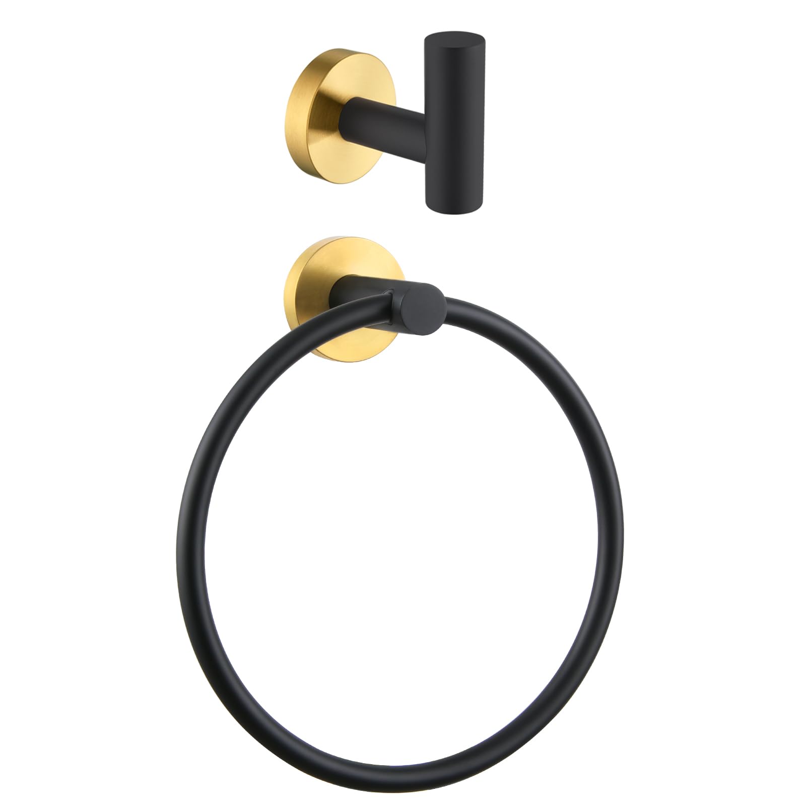 Round Single Towel Hook with Matching Towel Ring Set - Black & Gold Bathroom Accessories for Hanging Towels, Robes & Decor