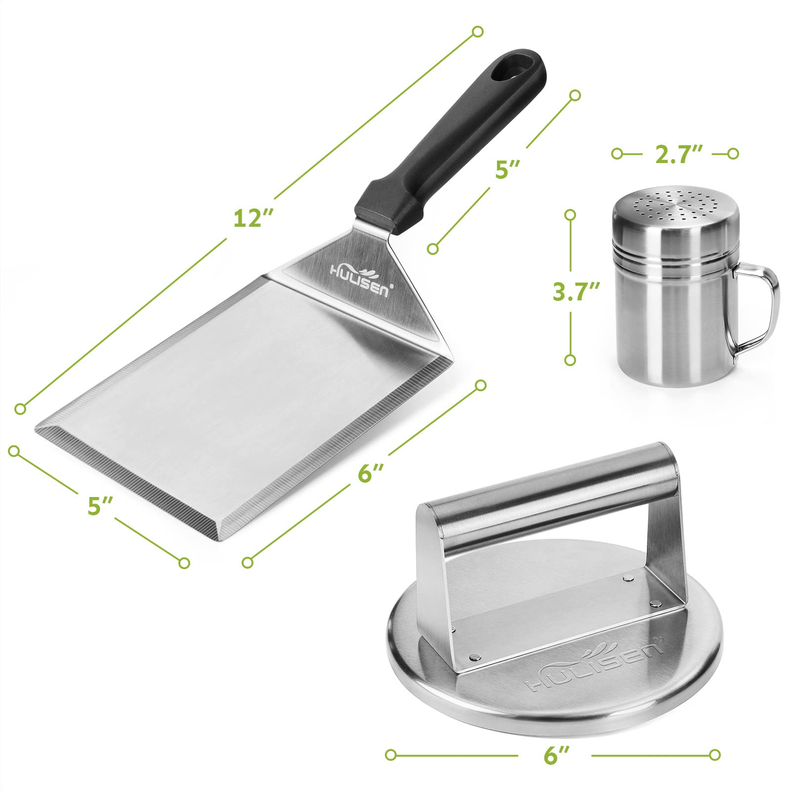 HULISEN Smashed Burger Press Kit - Stainless Steel Burger Smasher with Edge, Grill Spatula & Spice Shaker - Perfect for Griddle Cooking, BBQ, Backyard Grilling & Restaurant Use - Ideal Gift for Burger Lovers