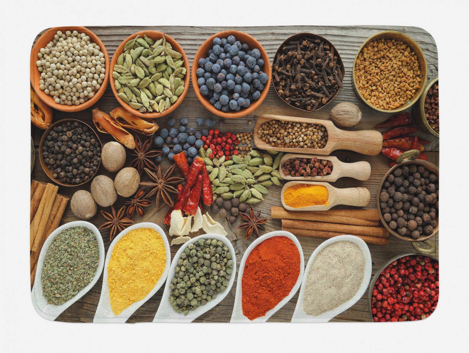 Ambesonne Non-Slip Spice Themed Bath Mat with Traditional Bowl & Spoon Design - 30.2