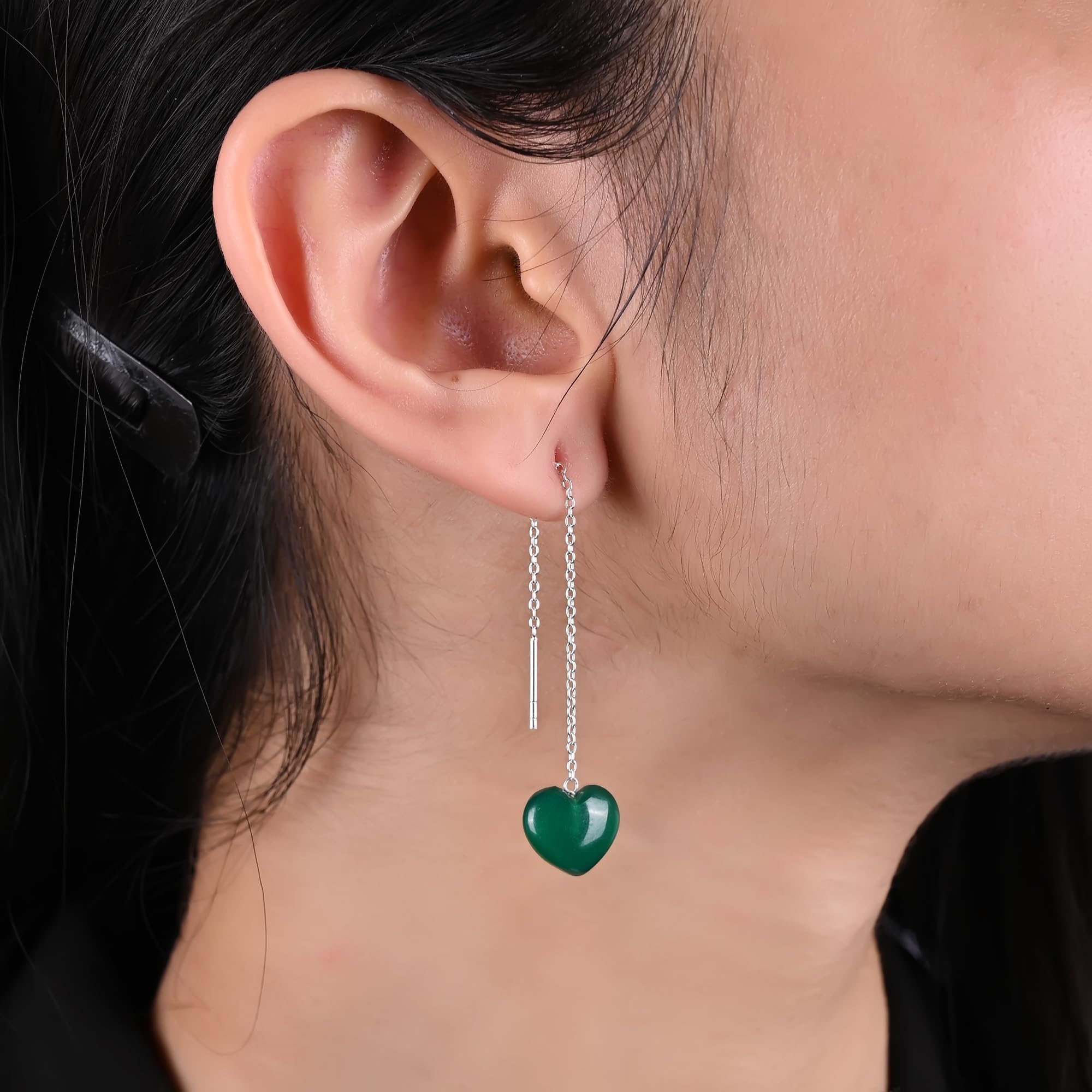 Amazonite Heart Threader Drop Earrings for Women - 925 Sterling Silver Dangle Long Chain Lightweight Gemstone Jewelry - Perfect for Daily Wear, Office & Special Occasions