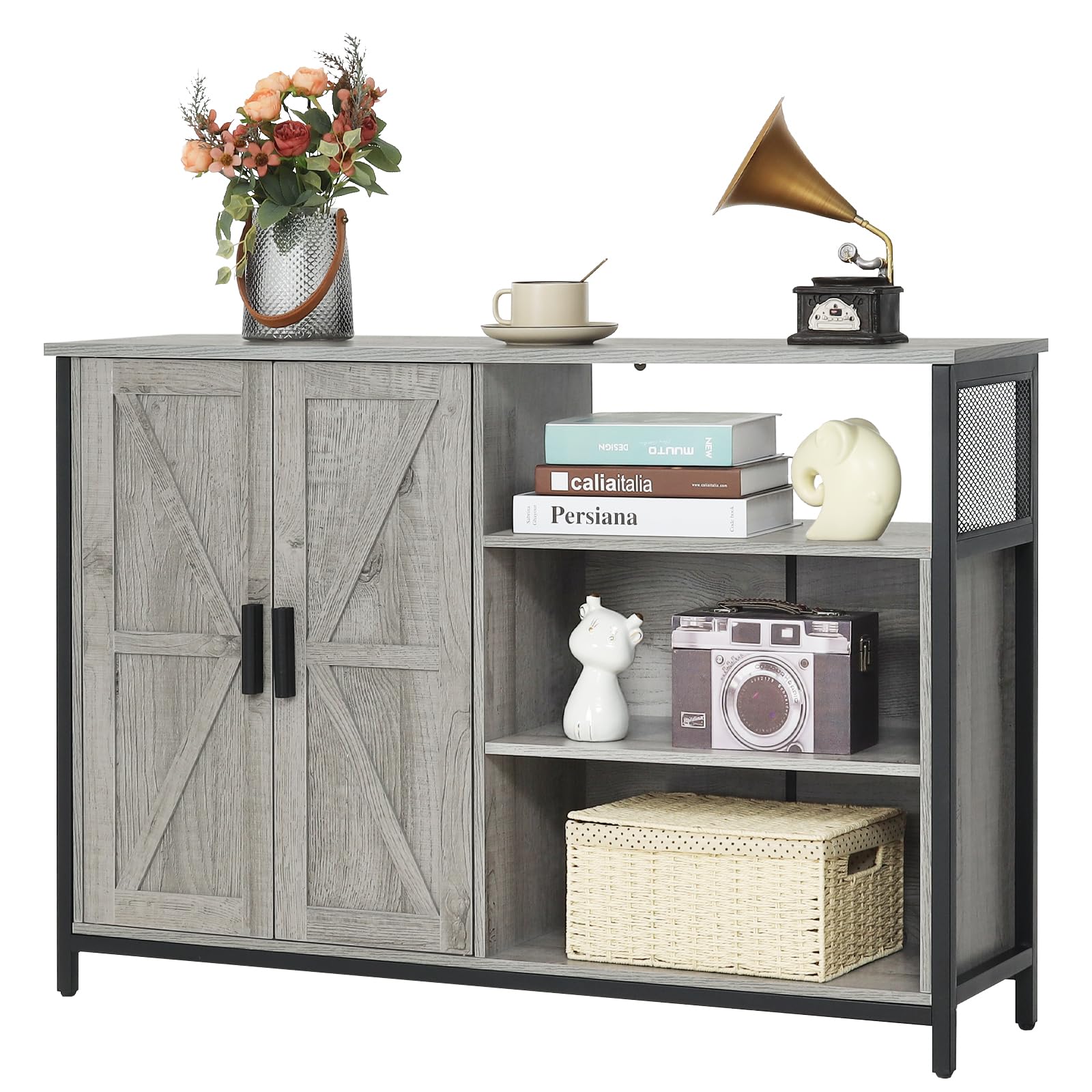WEENFON Industrial Storage Cabinet with 2 Barn Doors - Adjustable Shelves Buffet Sideboard for Dining Room, Living Room & Kitchen - Grey | Perfect for Home Organization, Farmhouse Decor & Small Space Storage Solutions