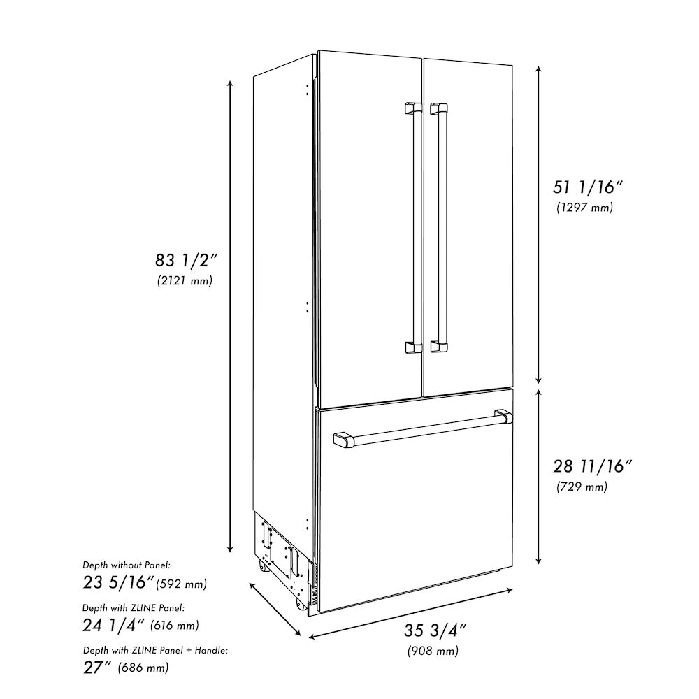 ZLINE Autograph Edition 36 Inch French Door Built-In Bottom Freezer Refrigerator - 19.6 cu.ft Capacity, Black Stainless Steel with Graphite Gray Interior & Champagne Bronze Accents - Water Dispenser & Ice Maker Included - Perfect for Modern Kitchens & Open-Concept Homes