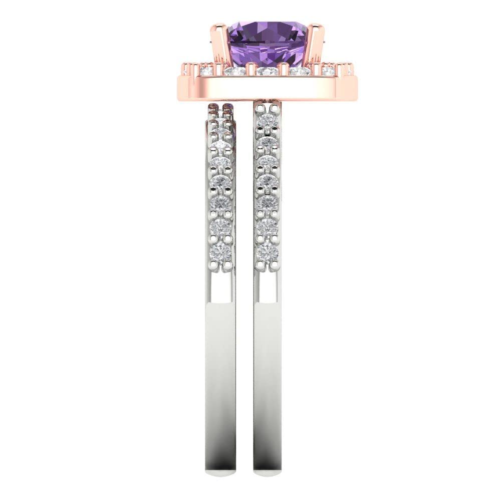 2ct Round Cut Halo Solitaire Created Alexandrite Bridal Ring Set in 18K White & Rose Gold for Engagement, Anniversary & Wedding - Elegant Jewelry Gift for Her