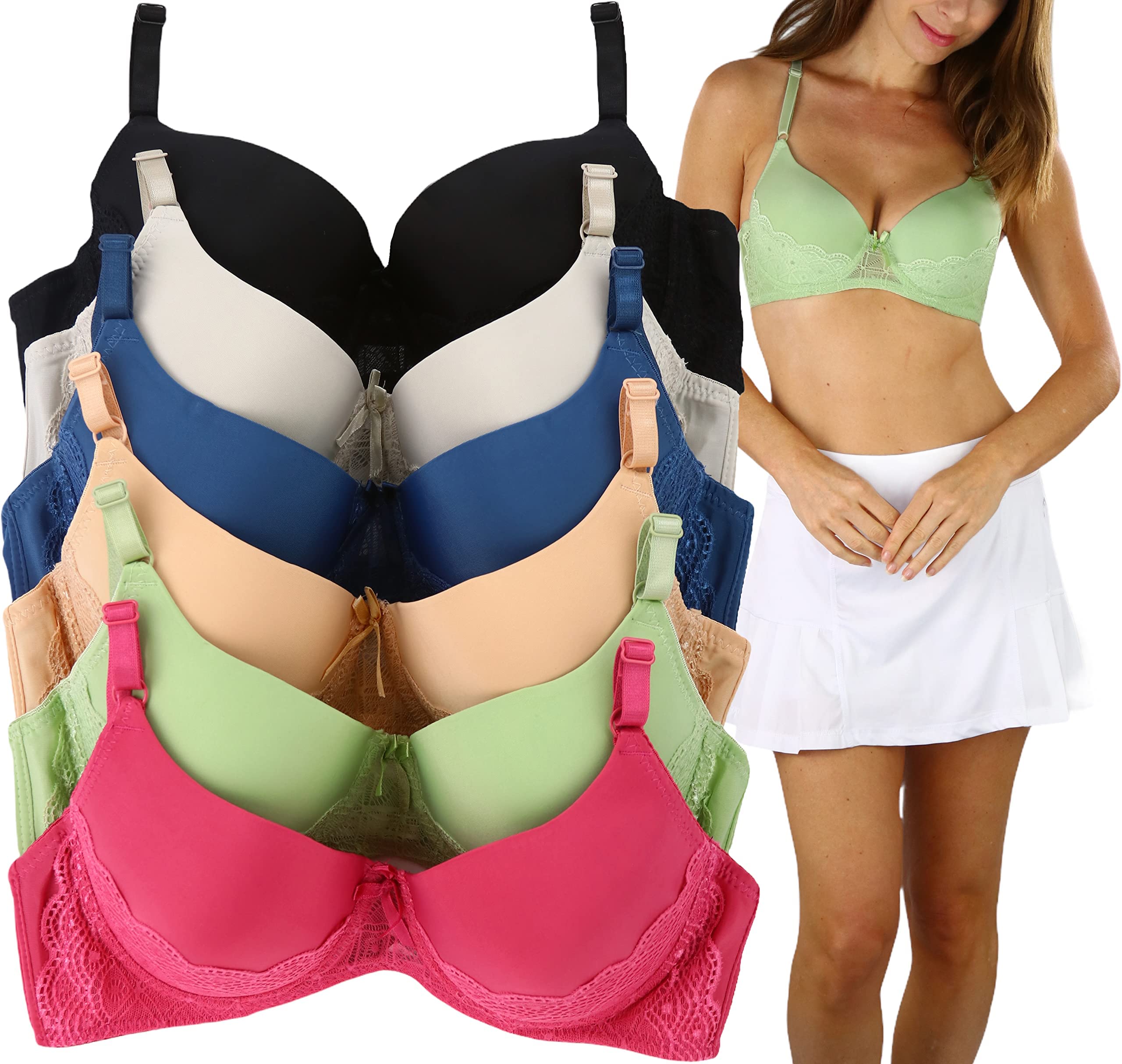 ToBeInStyle Women's 6-Pack Comfortable Underwire Padded Bras - Supportive & Breathable for Everyday Wear, Workout, and Lounge
