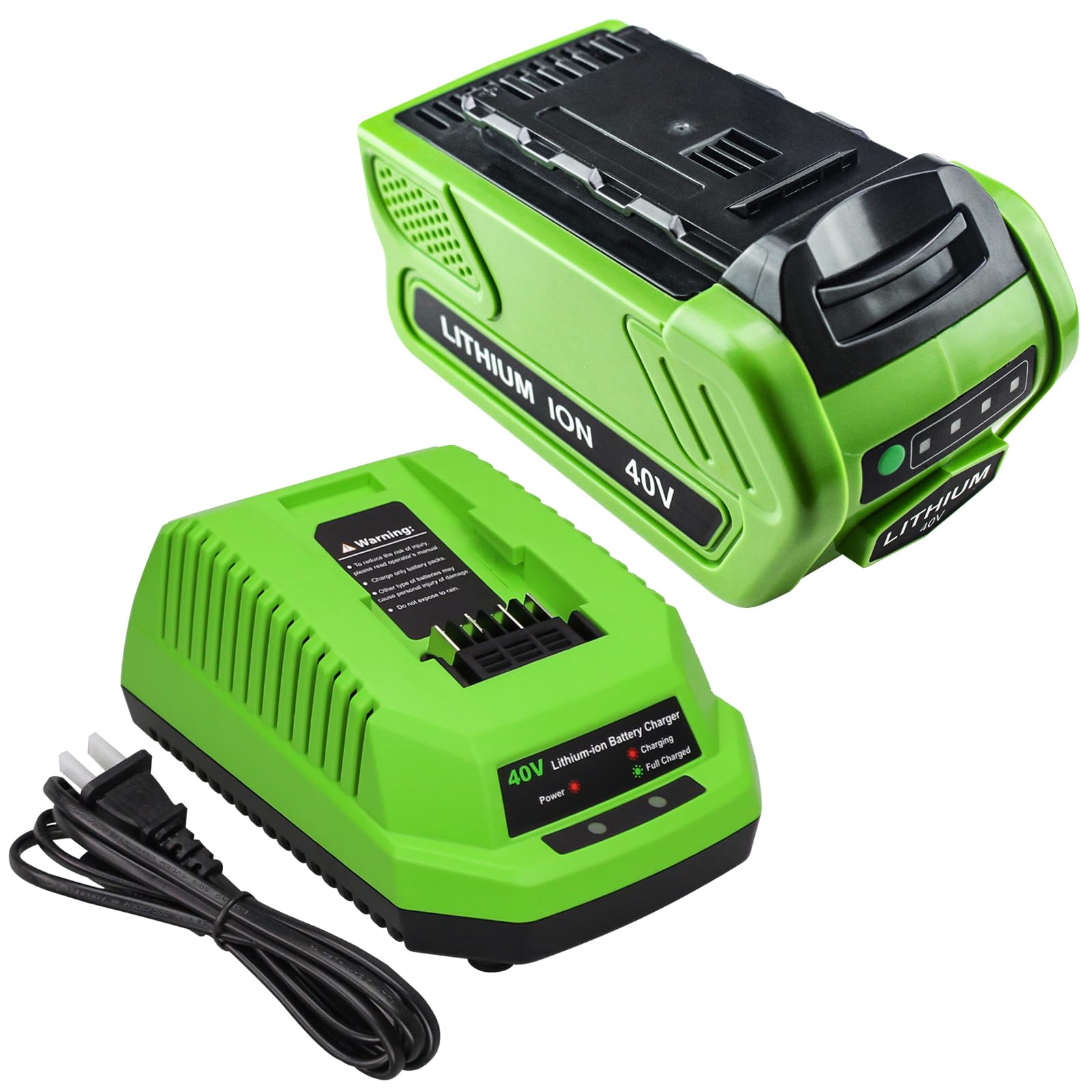 6.0Ah 40V Lithium-Ion Battery & Charger Replacement for Greenworks 29462 29472 29482 - Compatible with Greenworks 40V Tools - Perfect for Lawn Mowers, String Trimmers & Outdoor Power Equipment (Green)