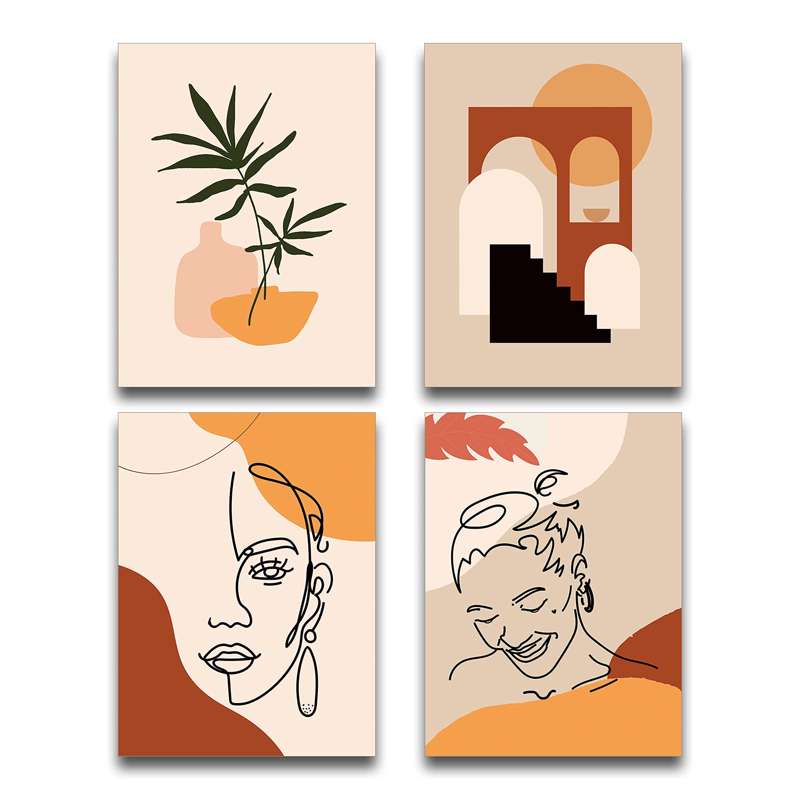 Boho Abstract Wall Art Prints Set of 4 - Minimalist Line Art Plant Posters for Home & Office Decor (8