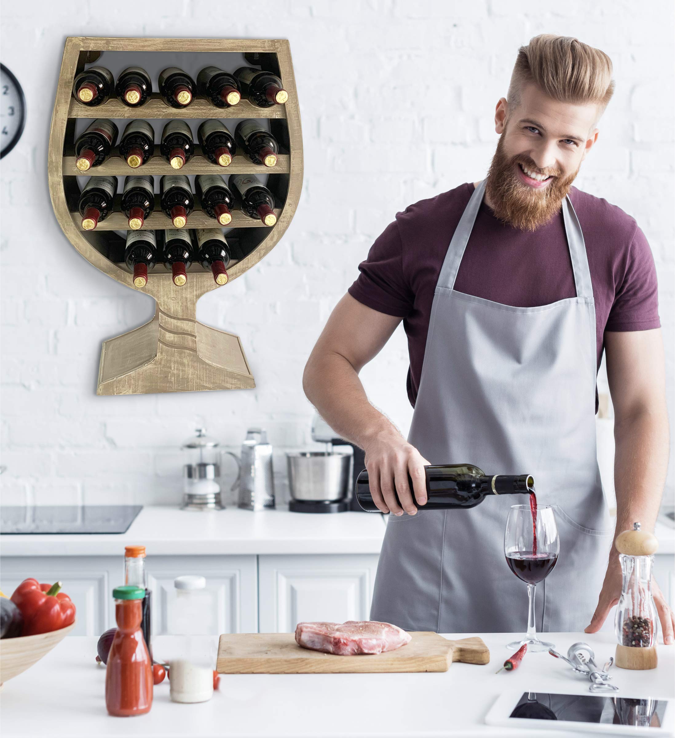 Modern Wall Mounted Wine Rack - 18 Bottle Wooden Wine Holder, Freestanding or Hanging Wine Storage Shelf Organizer for Kitchen, Dining Room, Bar, and Home Decor