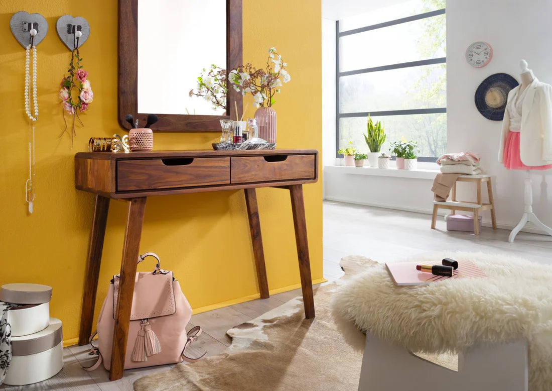 Solid Sheesham Wood Gfine Desk with Two Drawers - 88x50x76Cm - Perfect for Home Office, Study Room & Workspace Organization