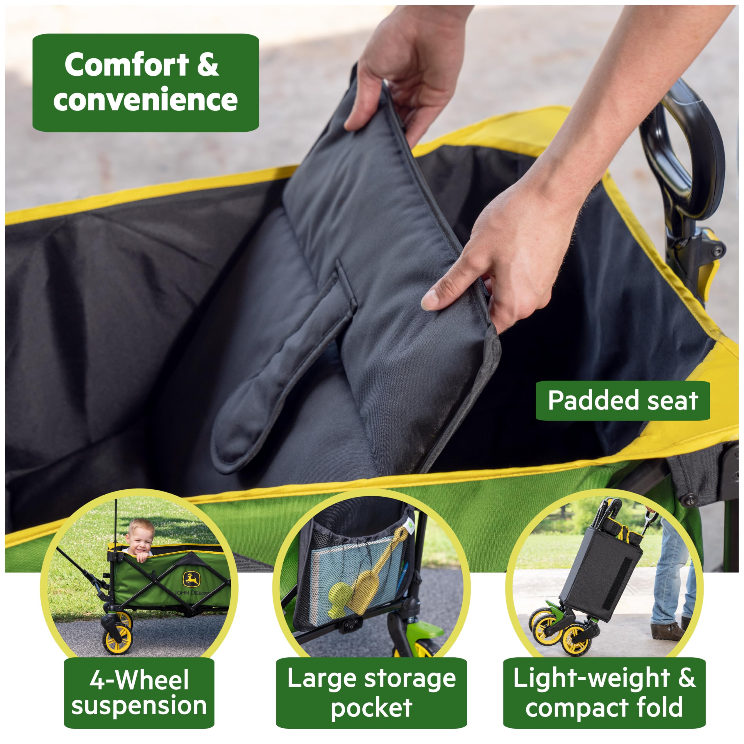 Bright Starts John Deere Pop 'N Ride Foldable Stroller Wagon with 50+ SPF Sun Shade - 2-Seater Kids Wagon for Outdoor Adventures, Park Visits & Beach Trips - Green & Yellow Unisex Baby Carrier