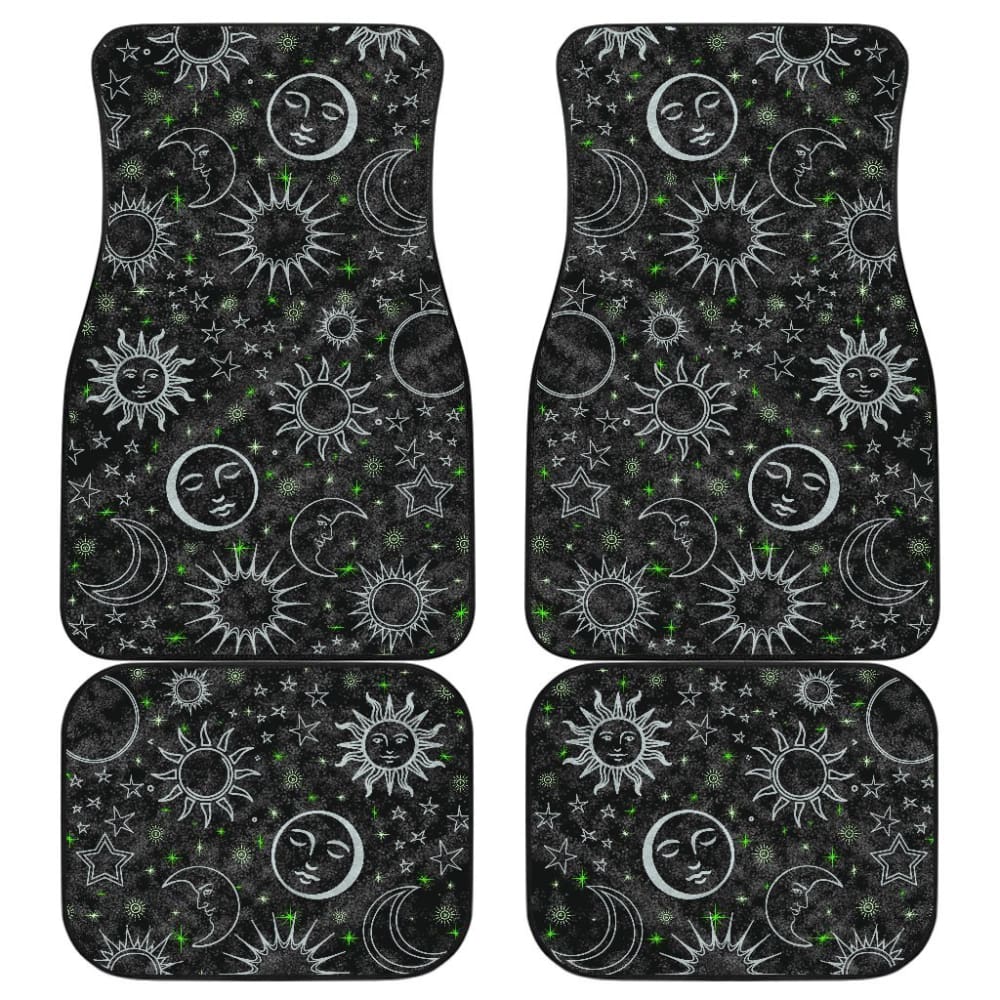 Black and White Celestial Pattern Car Mats with Green Stars - Front and Back Set - Perfect for Sedans, SUVs, and Trucks - Waterproof and Durable Floor Mats for All-Season Protection