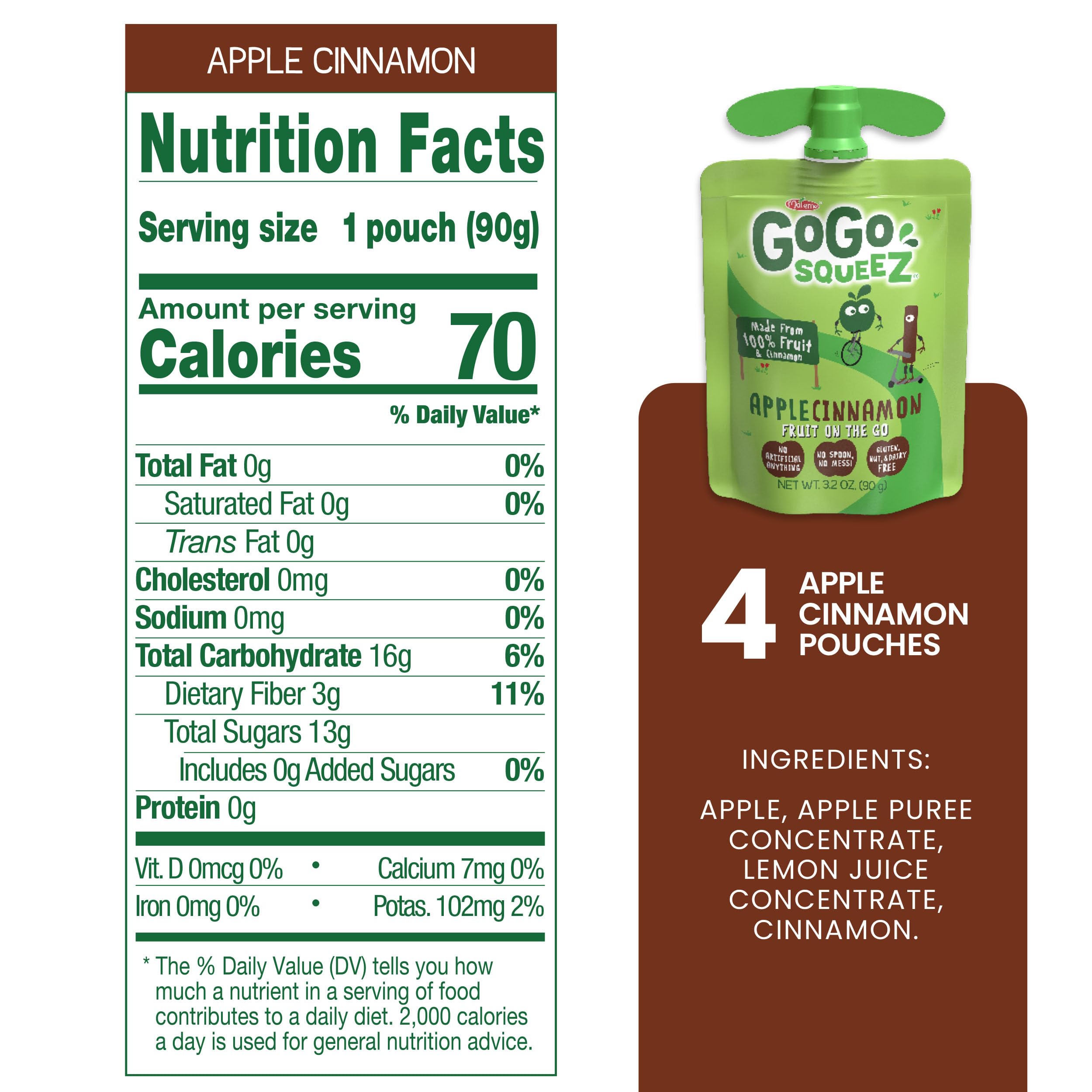 GoGo squeeZ Applesauce and Fruit Puree Pouch - Apple Cinnamon Flavor, 3.2 oz (Pack of 4) | Healthy Unsweetened Fruit Snacks for Kids | Gluten Free, Nut Free, Dairy Free | Recloseable BPA-Free Pouches | Perfect for School Lunches, Road Trips & On-the-Go Snacking