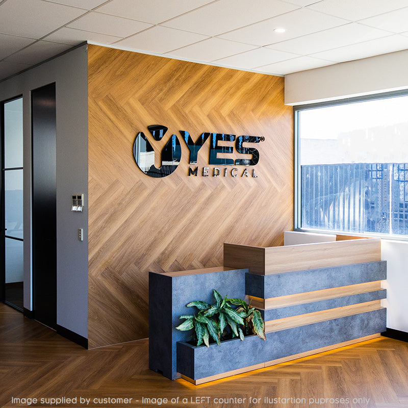 Premium KERAN 8ft Reception Desk with Right Panel - Acacia Wood & Carbon Grey Finish for Office, Hotel, and Corporate Lobby Use
