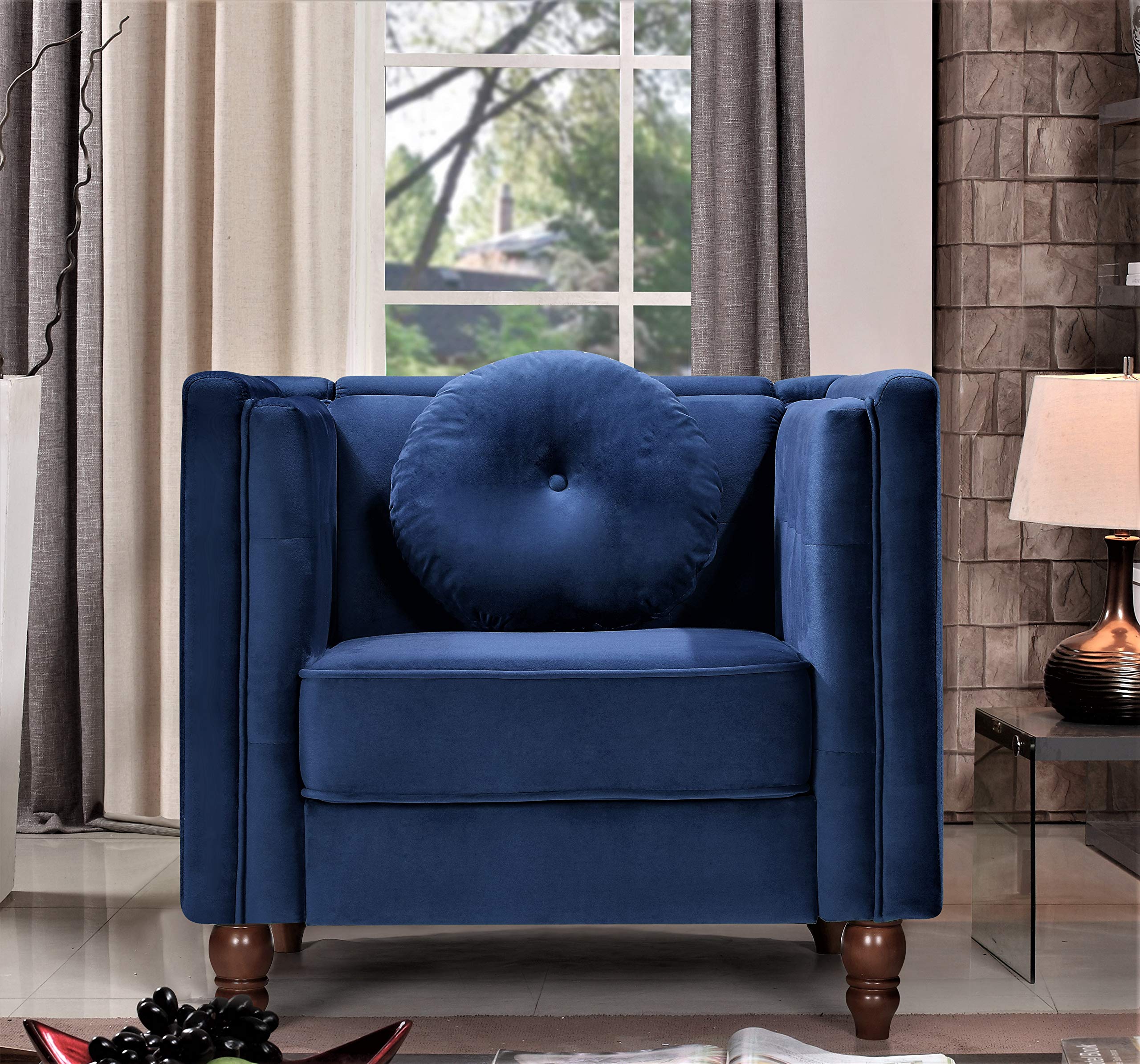 Lexie Velvet Upholstered Mid Century Modern Accent Chair - Cozy Reading Armchair for Bedroom, Living Room, Nursery & Home Office - Deep Blue Velvet Lounge Chair for Relaxing & Reading
