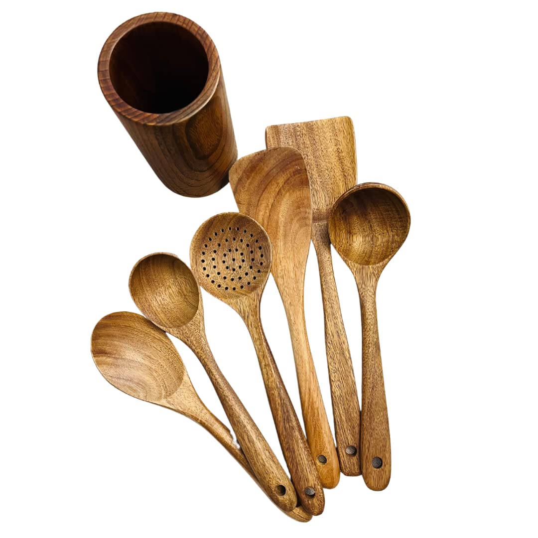 Premium Teak Wood Cooking Utensils Set - 6-Piece Natural Nonstick Kitchen Tools with Storage Barrel | Eco-Friendly Wooden Spatula & Spoons for Baking, Frying & Sauteing | Durable & Safe Kitchen Essentials