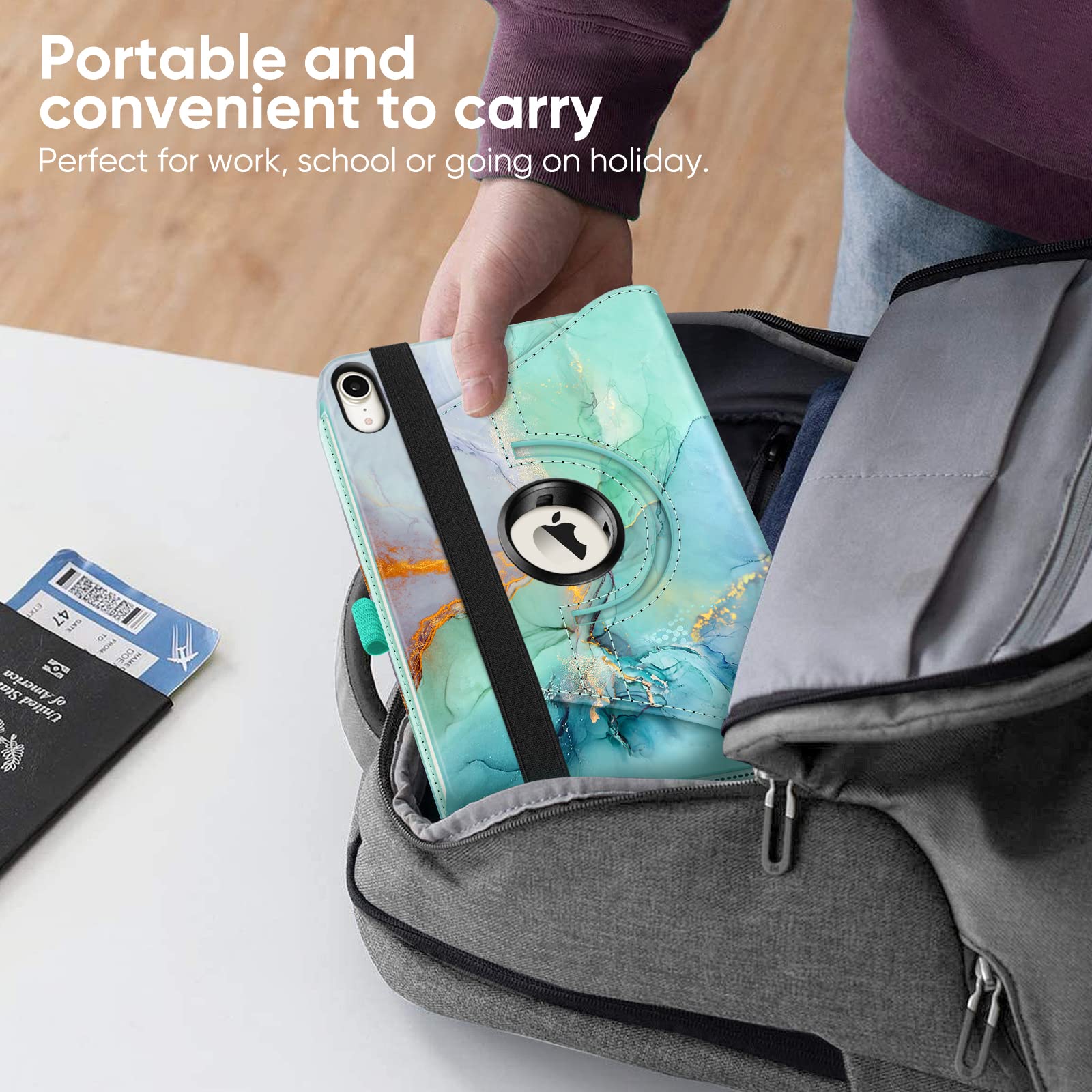 Fintie 360 Rotating Stand Case for iPad Mini 7 (2024, A17 Pro) & iPad Mini 6 (8.3 Inch) - Protective Cover with Auto Wake/Sleep, Emerald Marble Design - Perfect for Work, Study, and Entertainment