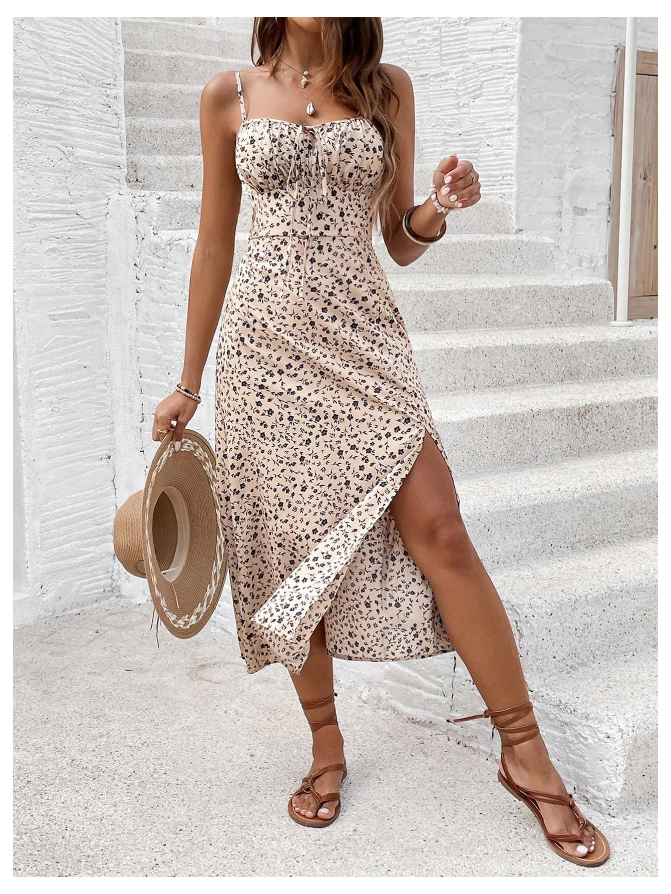 SOLY HUX Women's Floral Print Split Hem Cami Dress - Spaghetti Strap Summer Midi Dress for Women, Beach Cover Up, Vacation Outfit, Casual Day Dress, Boho Chic Style