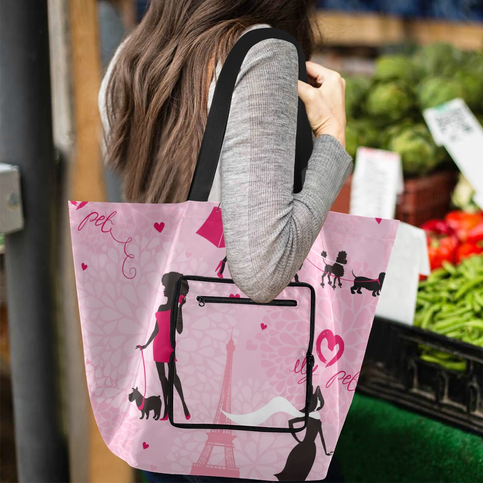 ALAZA Paris Eiffel Tower France Pink Large Dog Tote Bag - Reusable Foldable Grocery Shopping Bag with Handles, Lightweight Shoulder Bag for Women | Perfect for Travel, Picnic, Beach & Outdoor Activities