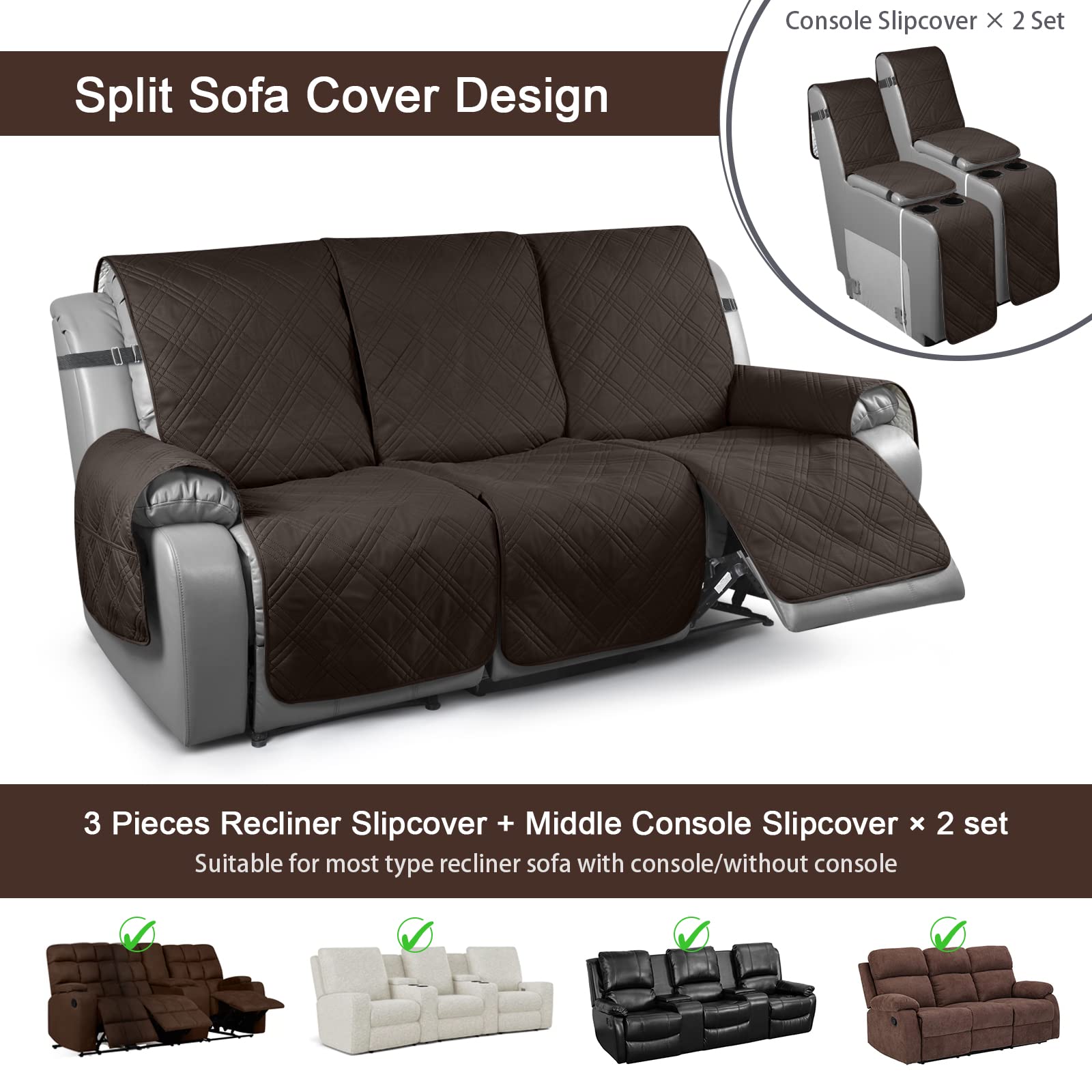 TAOCOCO 100% Waterproof Recliner Sofa Cover with Console - 3 Seat Stretchable Furniture Protector for Pets & Kids | Split Design with Secure Straps | Chocolate Brown | Perfect for Living Room, Family Room & Home Theater Use