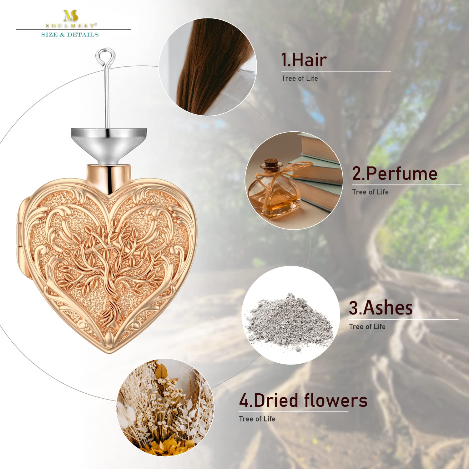 SOULMEET Custom Cremation Jewelry - 14K White Gold/Rose Gold/Yellow Gold Tree of Life, Butterfly & Heart Locket Necklace for Human/Dog/Cat Ashes Memorial | Keepsake Pendant for Loved Ones | Perfect for Remembrance, Funerals & Special Occasions