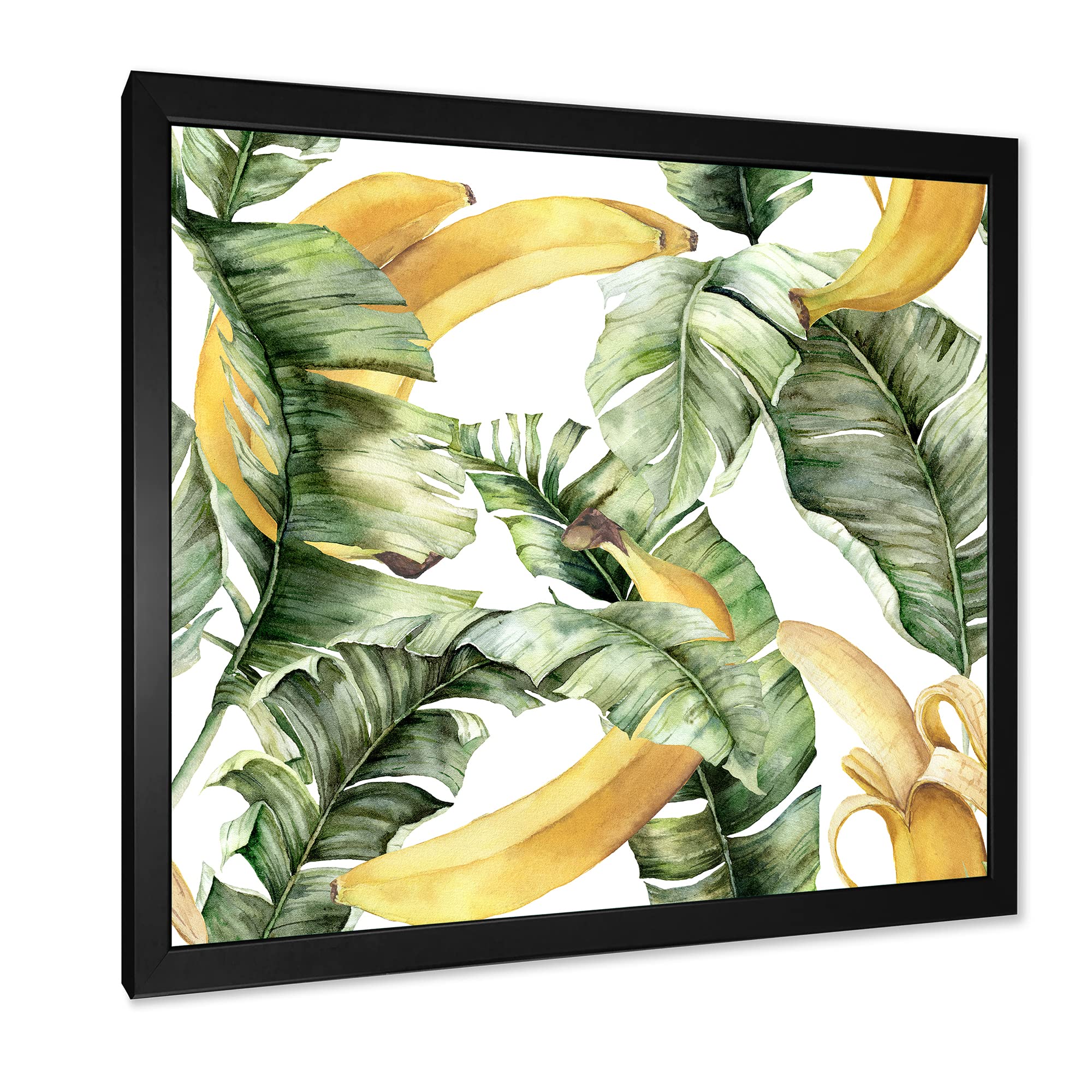 DesignQ Ripe Bananas With Leaves Framed Wall Art - Tropical Coastal Decor for Kitchen, Dining Room & Beach House