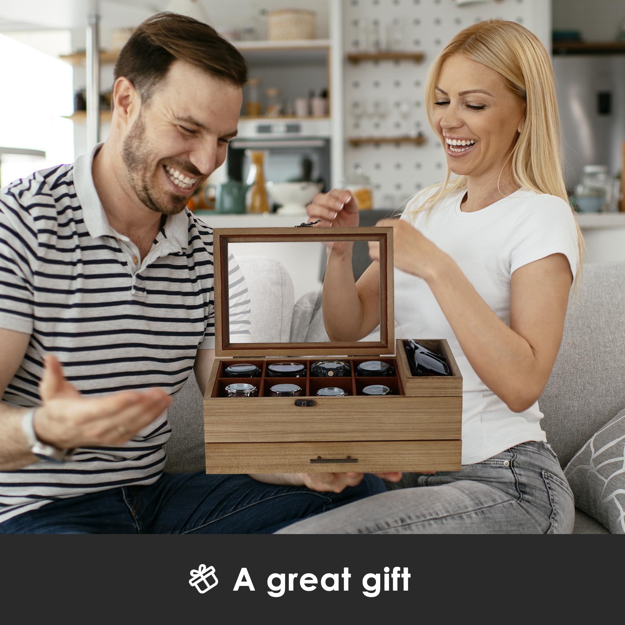 Premium 2-Tier Watch Box with Tray - 8-Slot Wooden Watch Display Case with Removable Pillows & Drawer - Luxury Watch Organizer for Large Dial Watches - Perfect Jewelry Storage Box for Men & Women - Ideal for Travel, Gift Giving & Watch Collection Display (Walnut)