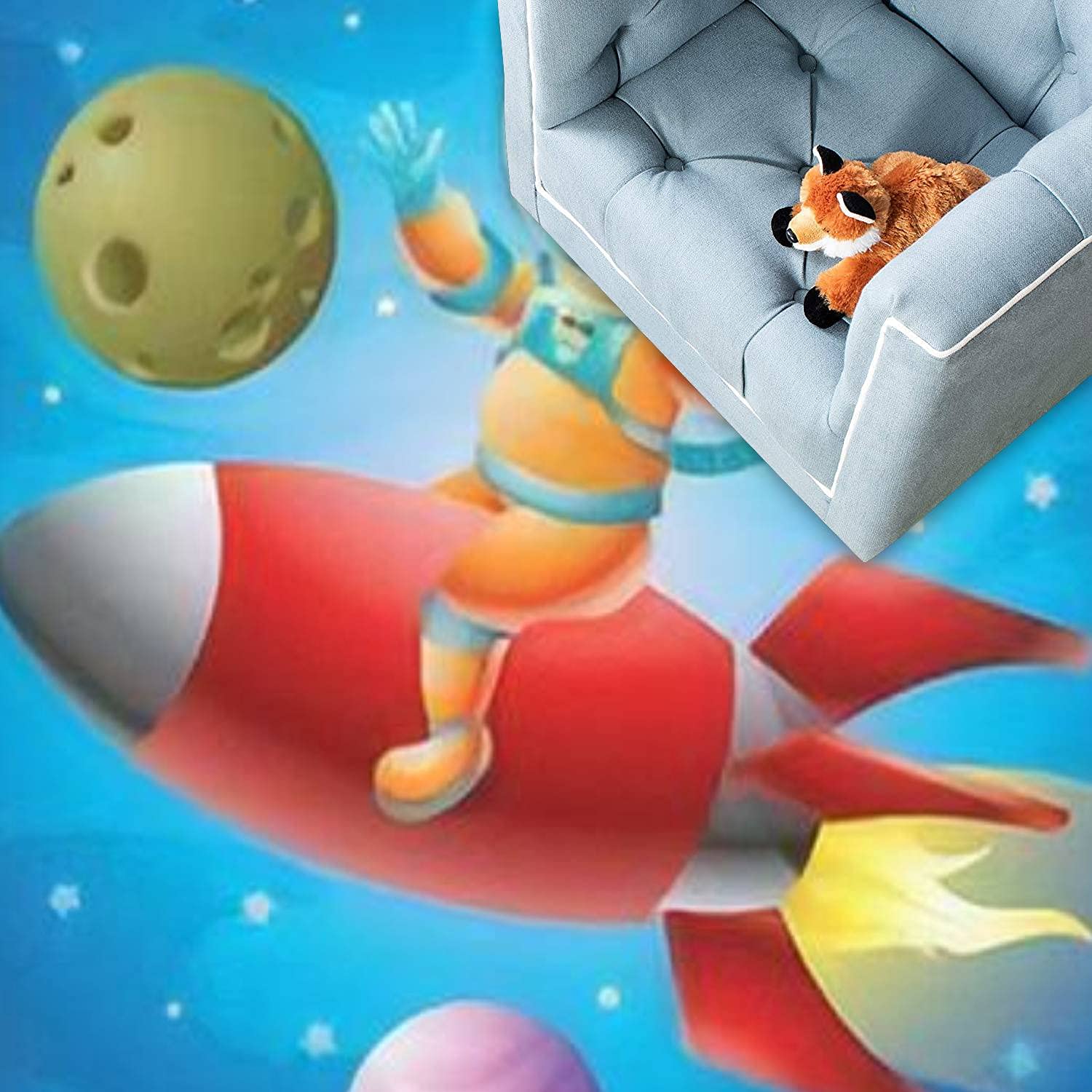 3D Astronaut Riding Red Rocket Ship Space Rug - Extra Large 5x8 ft Kids Play Carpet for Bedroom, Playroom & Nursery - Fun Learning & Playing Decor for Boys & Girls - Perfect for Space-Themed Rooms & Educational Play Areas