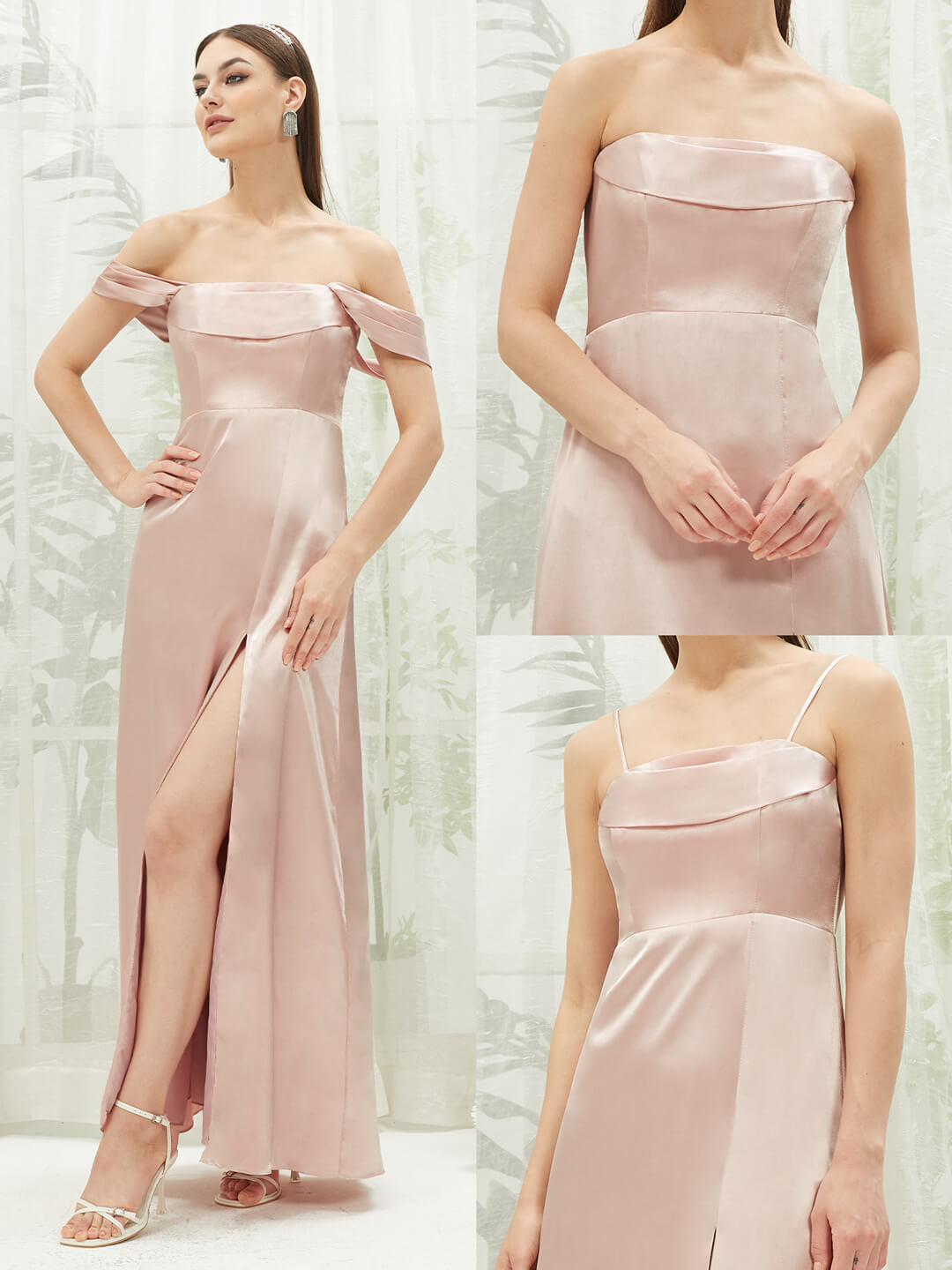 Elegant Blush Satin Convertible Bridesmaid Dress with High Slit & Floor Length - Perfect for Weddings, Prom, Formal Events & Special Occasions