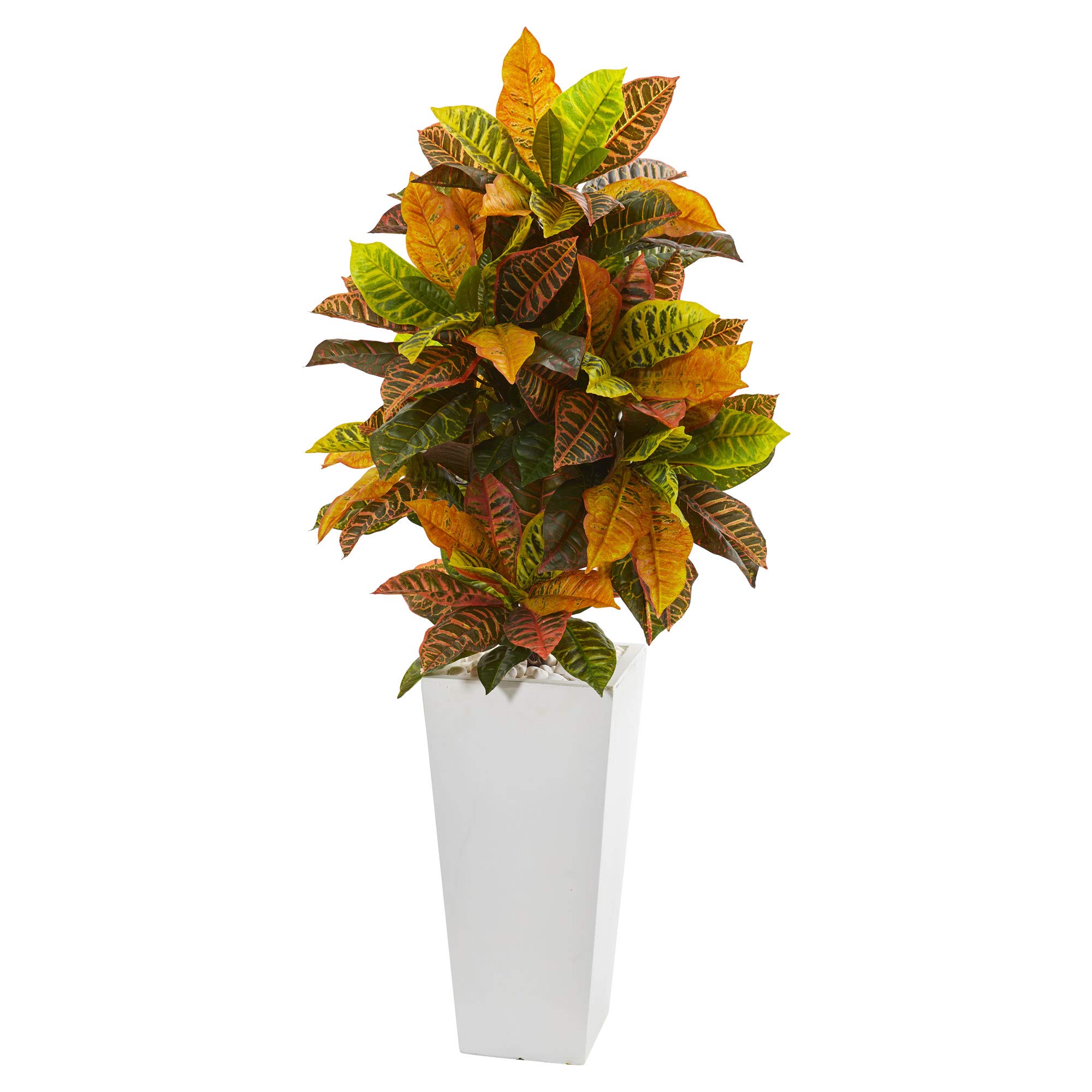 Nearly Natural 51in. Real Touch Croton Artificial Silk Plant in White Tower Planter - Vibrant Orange Faux Tree for Home Decor, Office, Living Room & Indoor Spaces