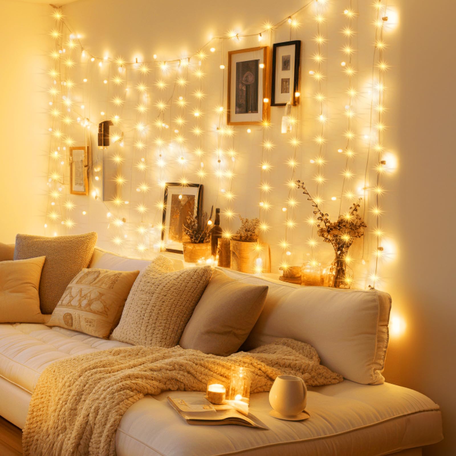 Brightown 300 LED Dimmable Fairy Curtain Lights with Remote & Timer - 8 Lighting Modes, USB Powered String Lights for Bedroom, Wedding, Christmas Decor (9.8x9.8ft) - Perfect for Indoor Wall, Party, and Holiday Decoration