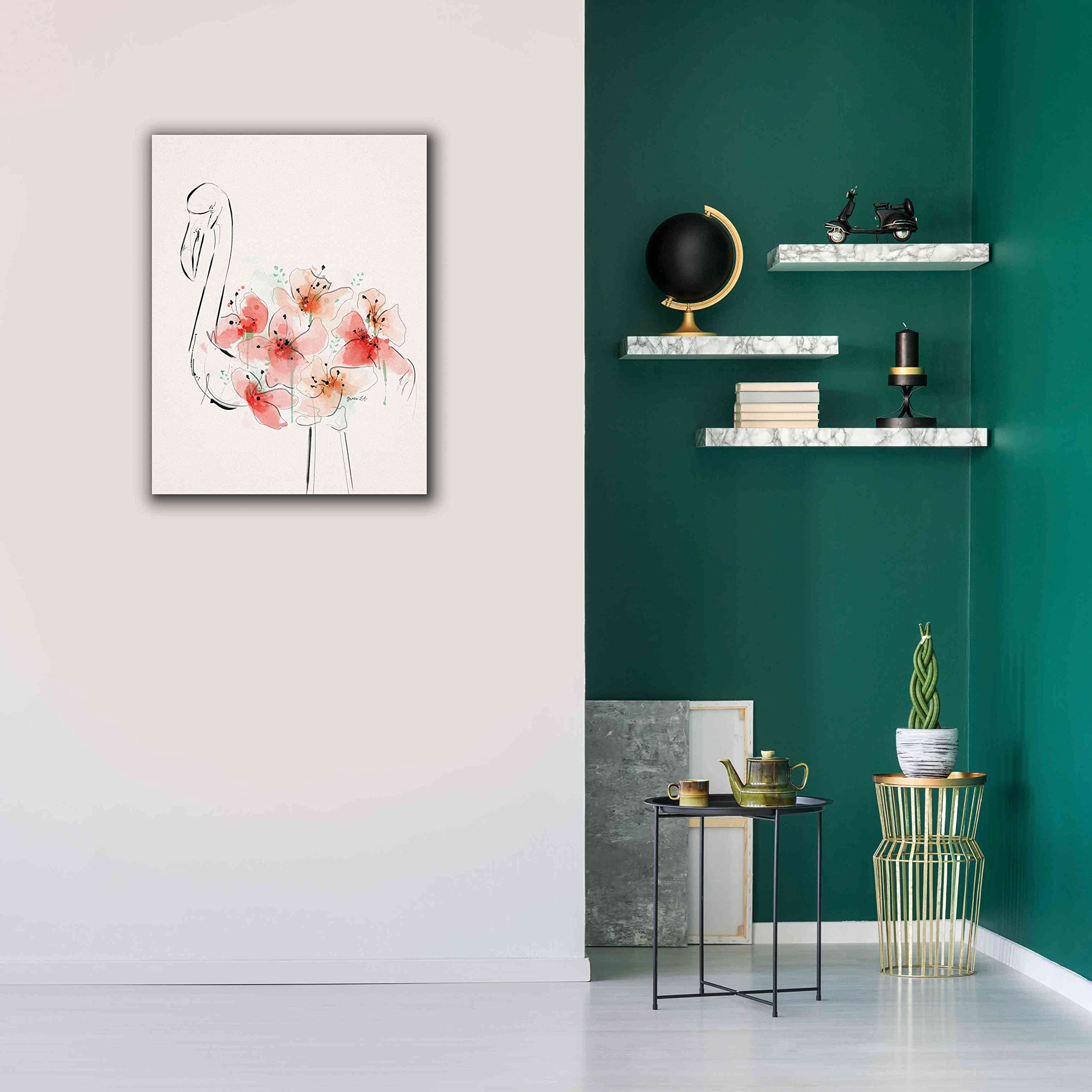 Green Lili Flamingo Flowers Giclee Canvas Wall Art - 26x34 Inches Tropical Home Decor for Living Room, Bedroom & Office