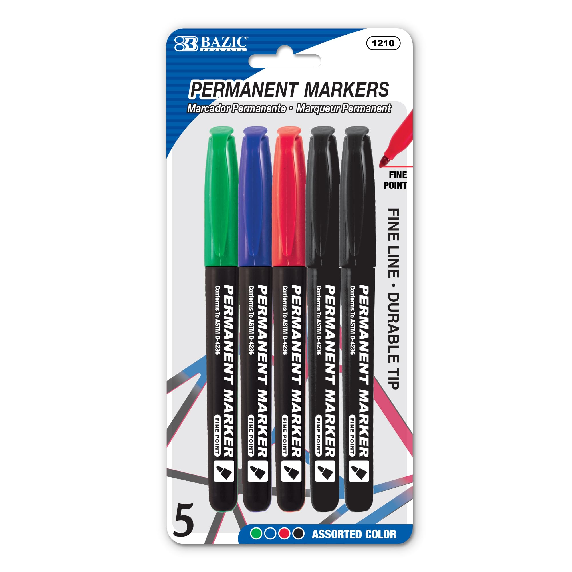 BAZIC Assorted Color Fine Tip Permanent Markers with Pocket Clip (5-Pack) - Ideal for Office, School, Art Projects & DIY Crafts